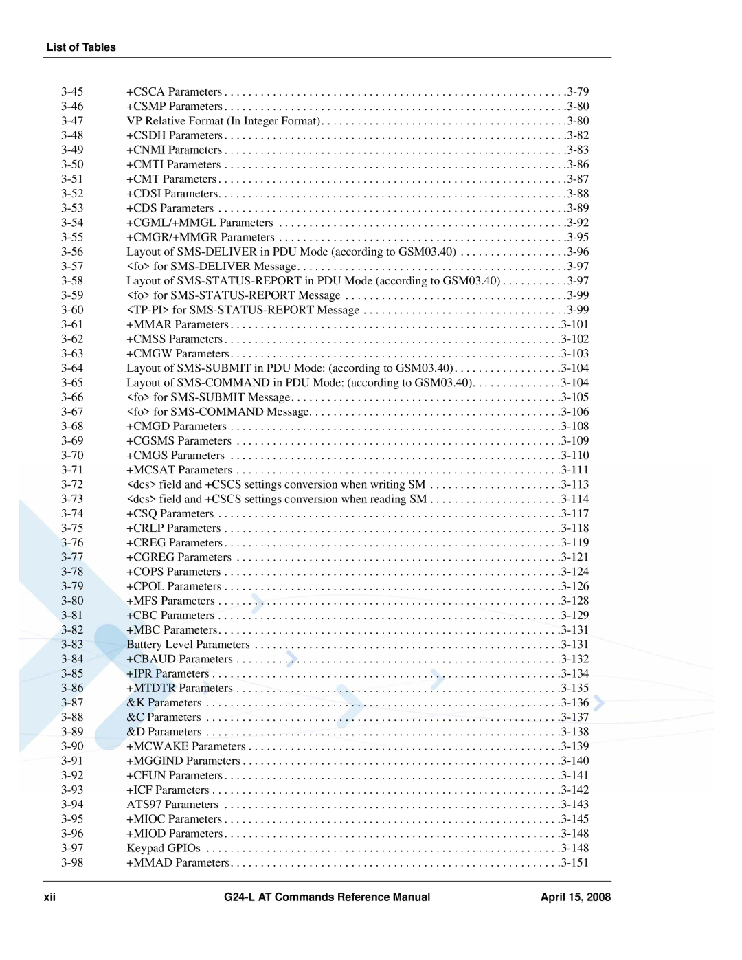 PIONEERPOS G24-LC manual List of Tables, Xii G24-L AT Commands Reference Manual April 15 