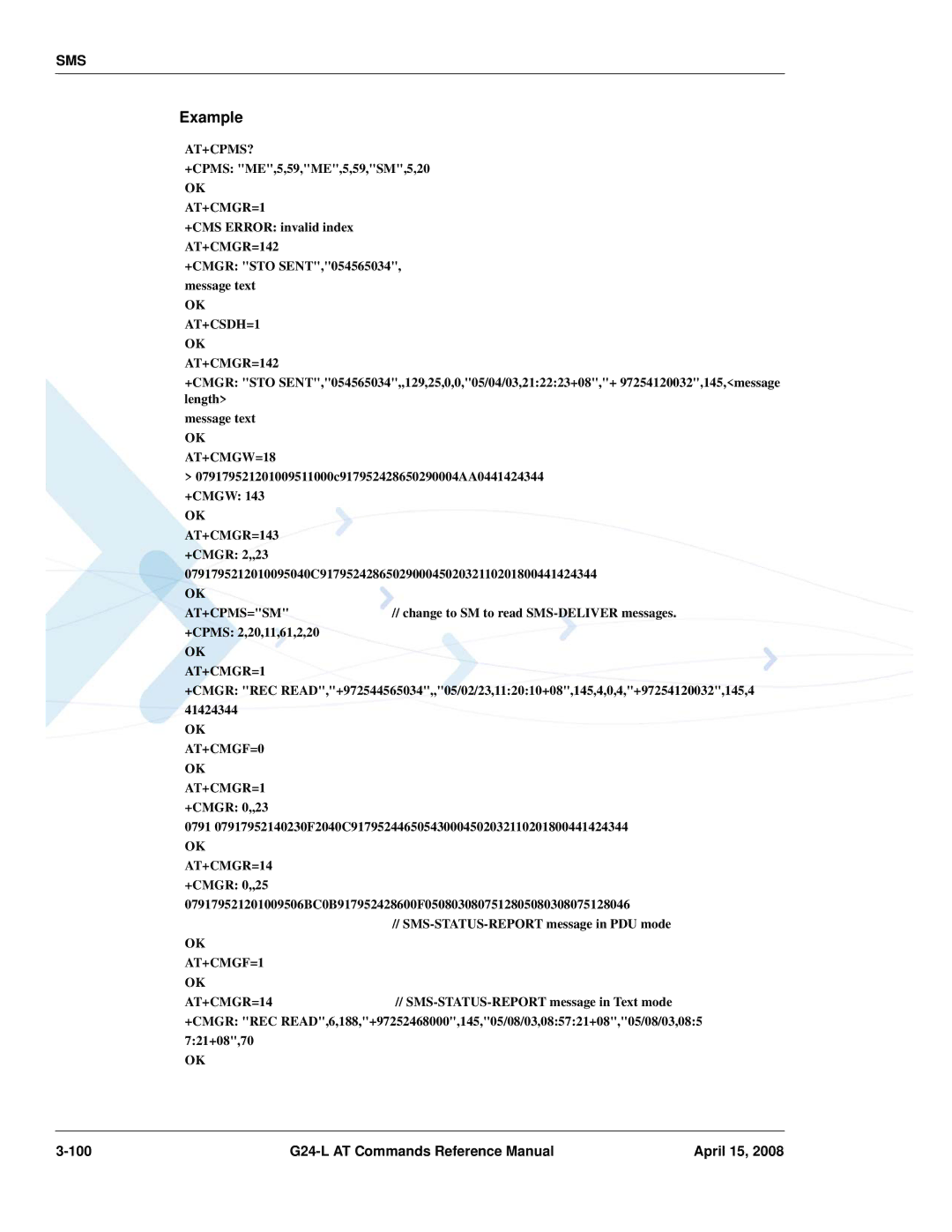 PIONEERPOS G24-LC manual At+Cpms?, OK AT+CSDH=1 OK AT+CMGR=142, OK AT+CMGW=18, OK AT+CMGF=0 