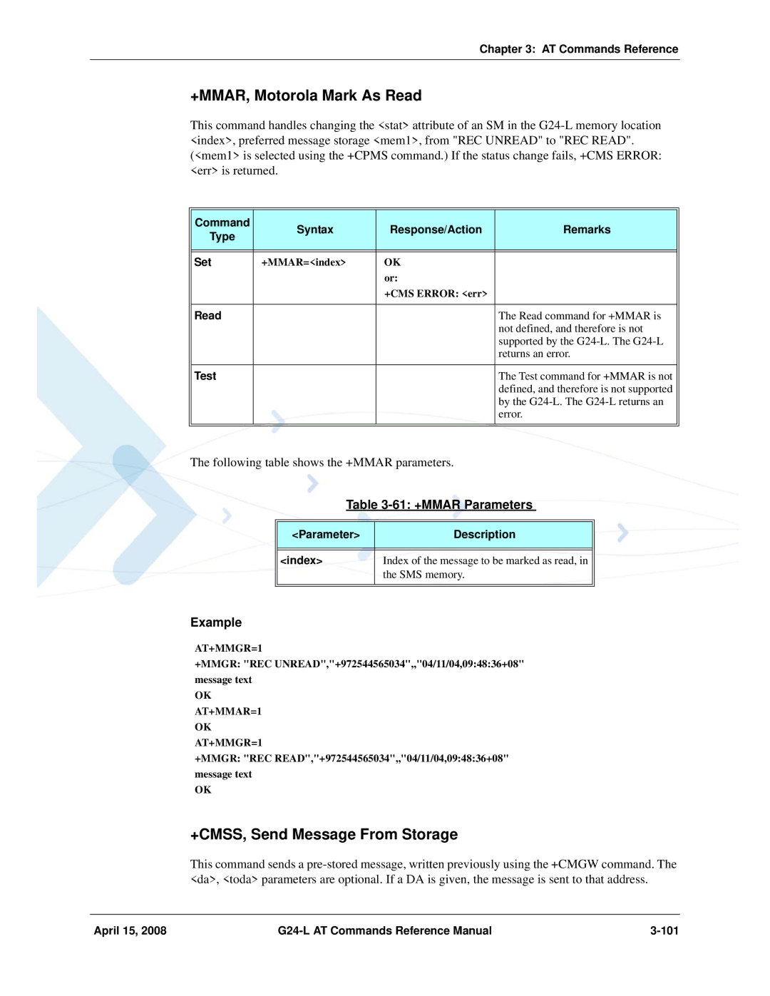 PIONEERPOS G24-LC manual +MMAR, Motorola Mark As Read, +CMSS, Send Message From Storage, 61 +MMAR Parameters 