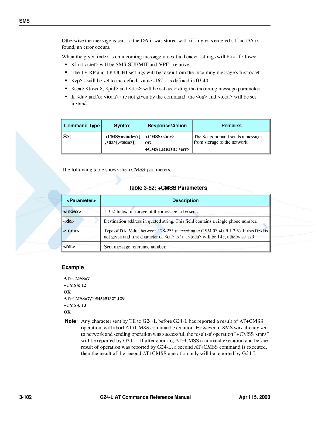 PIONEERPOS G24-LC manual 62 +CMSS Parameters, AT+CMSS=7 +CMSS 