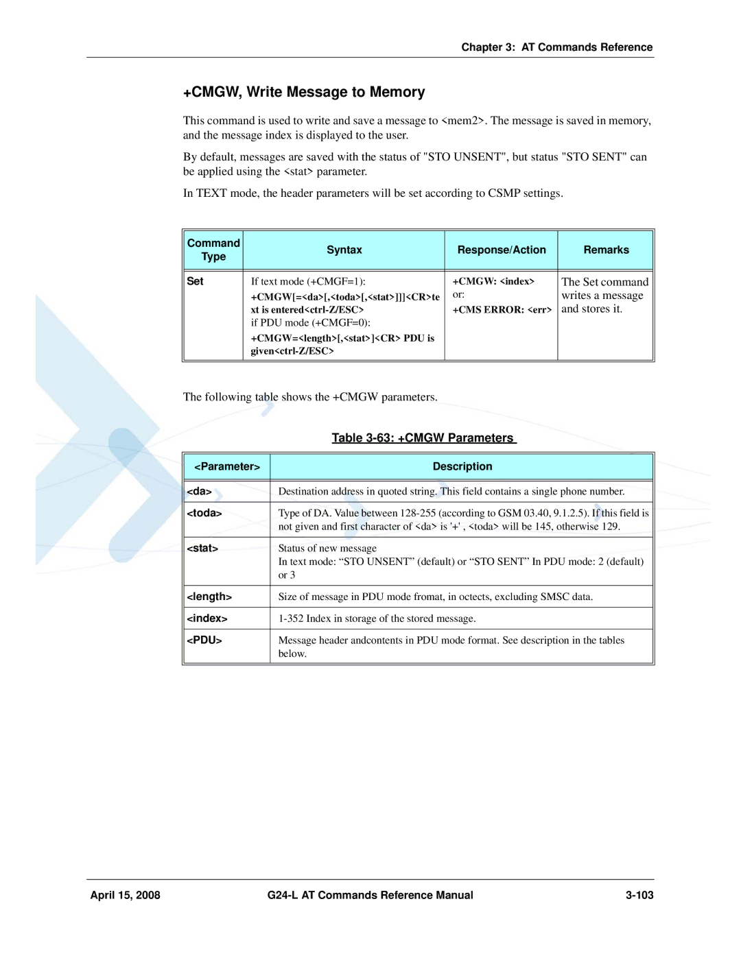 PIONEERPOS +CMGW, Write Message to Memory, 63 +CMGW Parameters, Pdu, April 15 G24-L AT Commands Reference Manual 103 