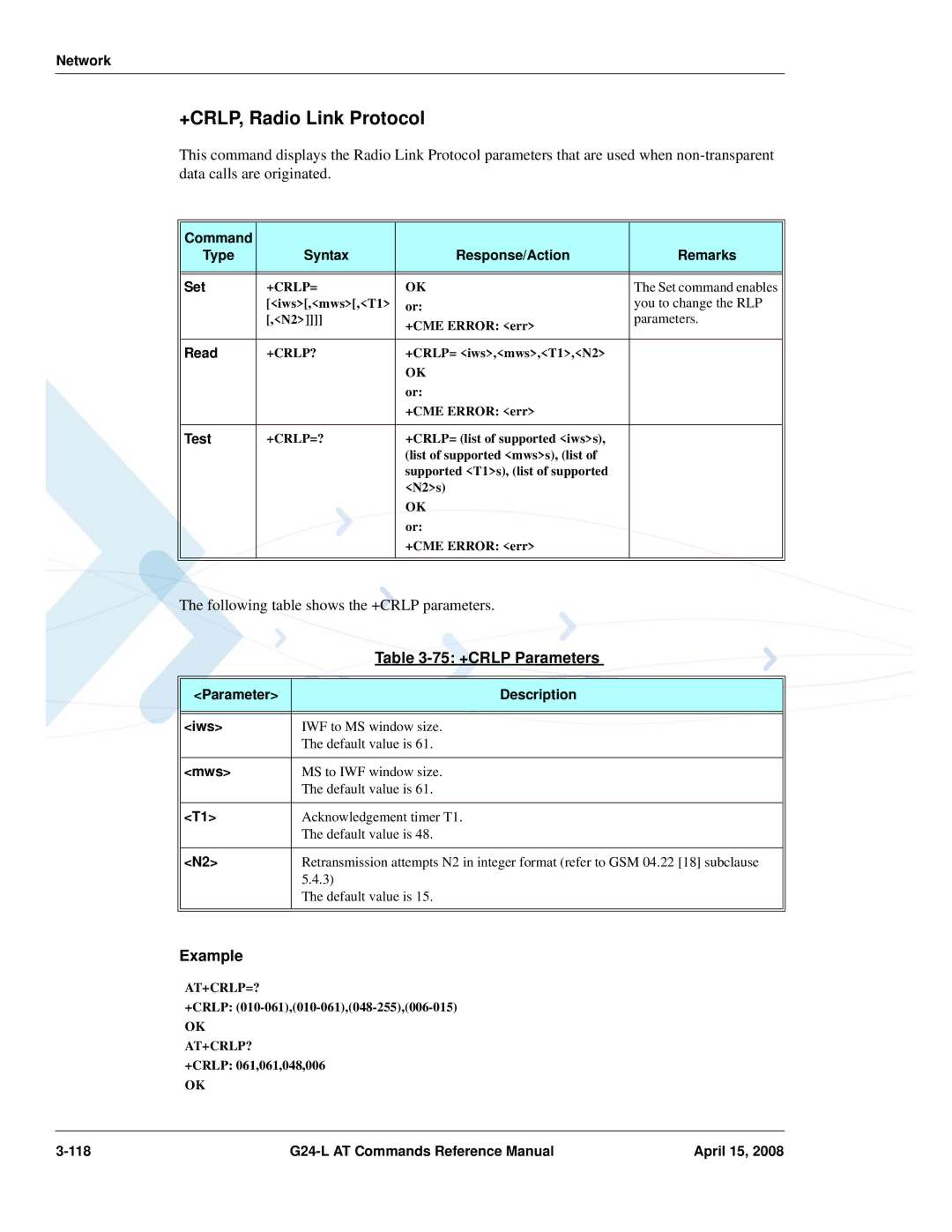 PIONEERPOS G24-LC manual +CRLP, Radio Link Protocol, 75 +CRLP Parameters, Network, Parameter Description Iws, Mws 