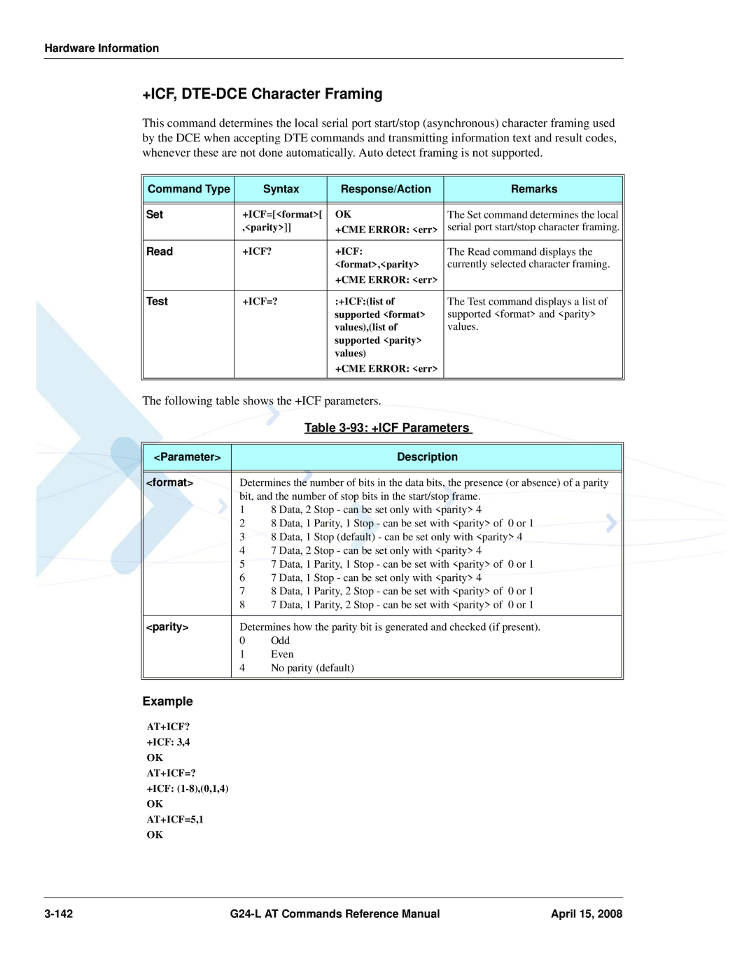 PIONEERPOS G24-LC manual +ICF, DTE-DCE Character Framing, 93 +ICF Parameters, Parity, +Icf?, OK AT+ICF=5,1 