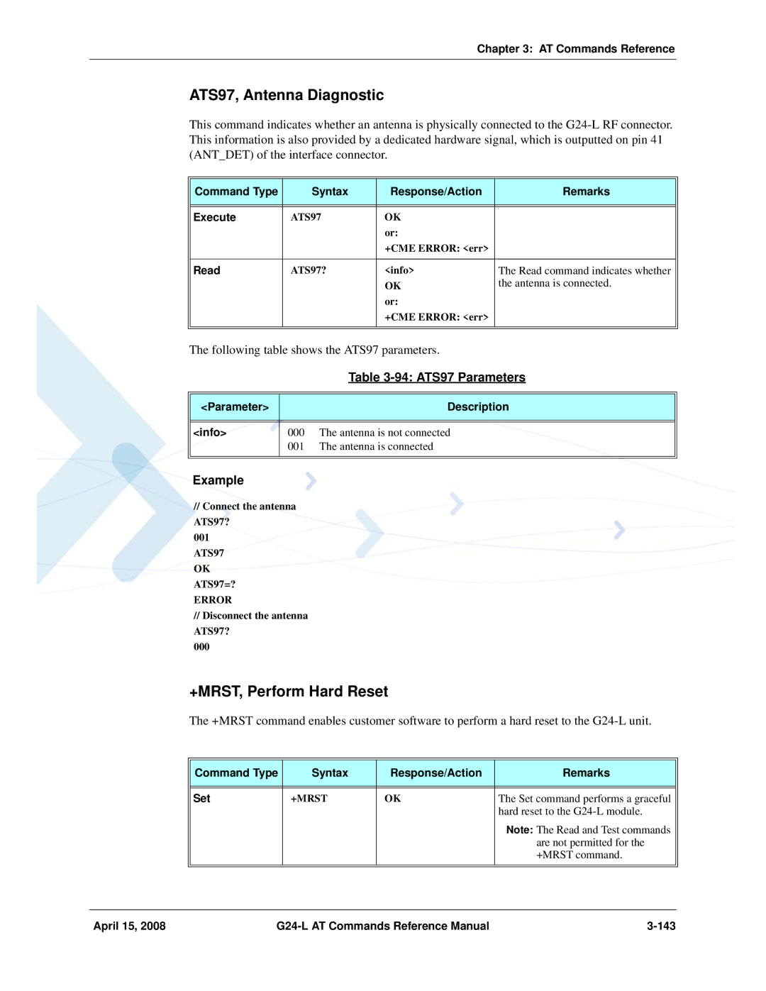 PIONEERPOS G24-LC manual ATS97, Antenna Diagnostic, +MRST, Perform Hard Reset, 94 ATS97 Parameters 