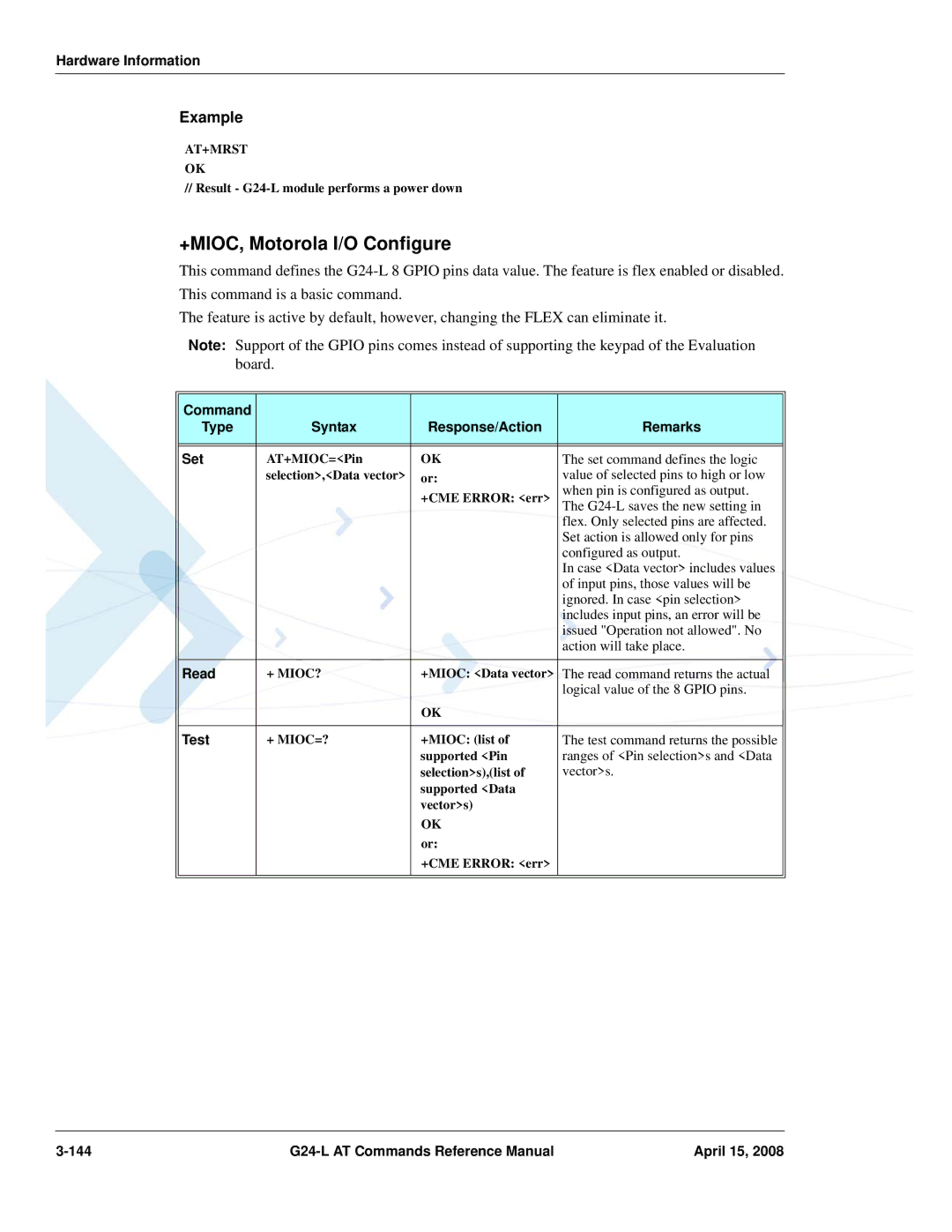 PIONEERPOS G24-LC manual +MIOC, Motorola I/O Configure, At+Mrst Ok, + Mioc? 