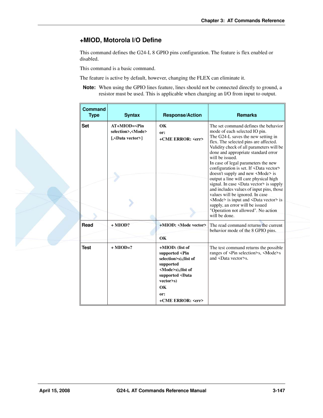 PIONEERPOS G24-LC manual +MIOD, Motorola I/O Define, April 15 G24-L AT Commands Reference Manual 147, + Miod? 