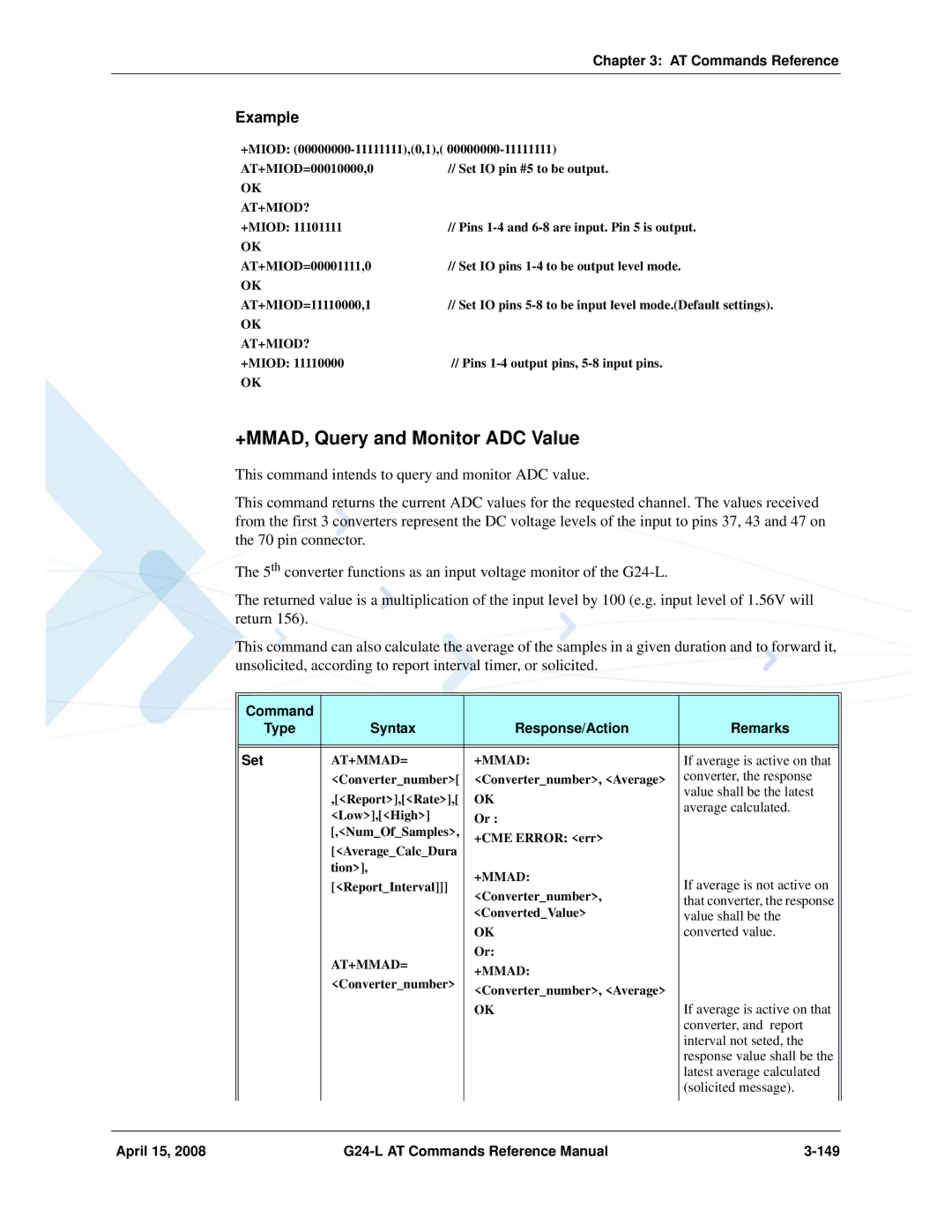 PIONEERPOS G24-LC manual +MMAD, Query and Monitor ADC Value, April 15 G24-L AT Commands Reference Manual 149, At+Mmad= 