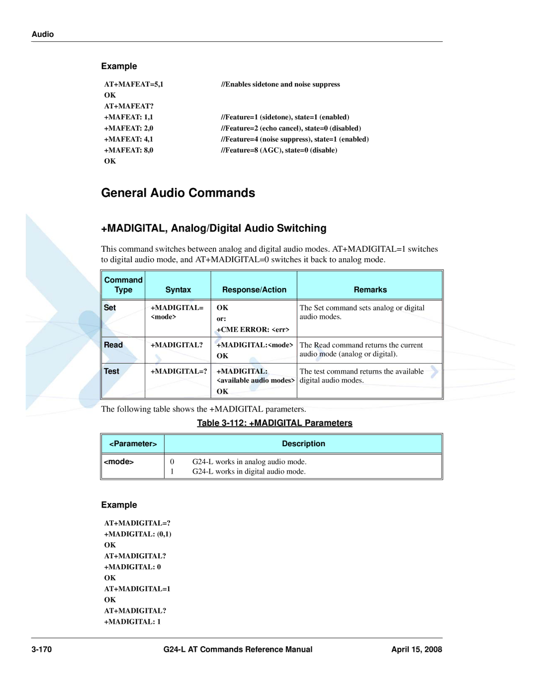 PIONEERPOS G24-LC manual General Audio Commands, +MADIGITAL, Analog/Digital Audio Switching, 112 +MADIGITAL Parameters 