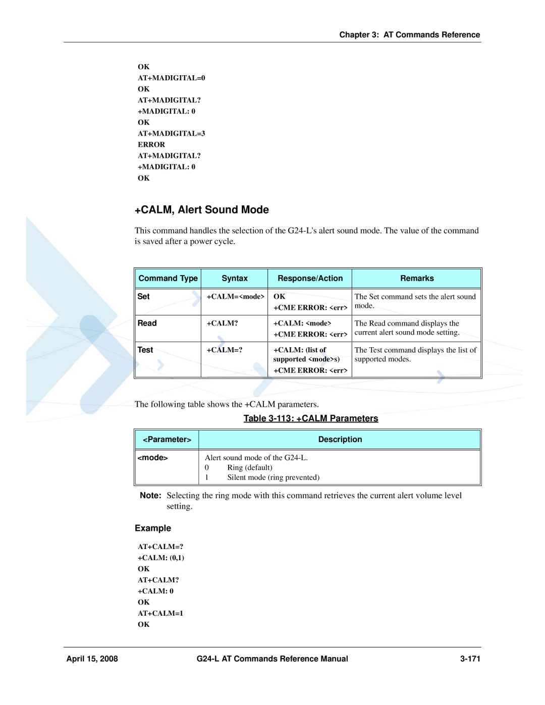 PIONEERPOS G24-LC manual +CALM, Alert Sound Mode, 113 +CALM Parameters, April 15 G24-L AT Commands Reference Manual 171 