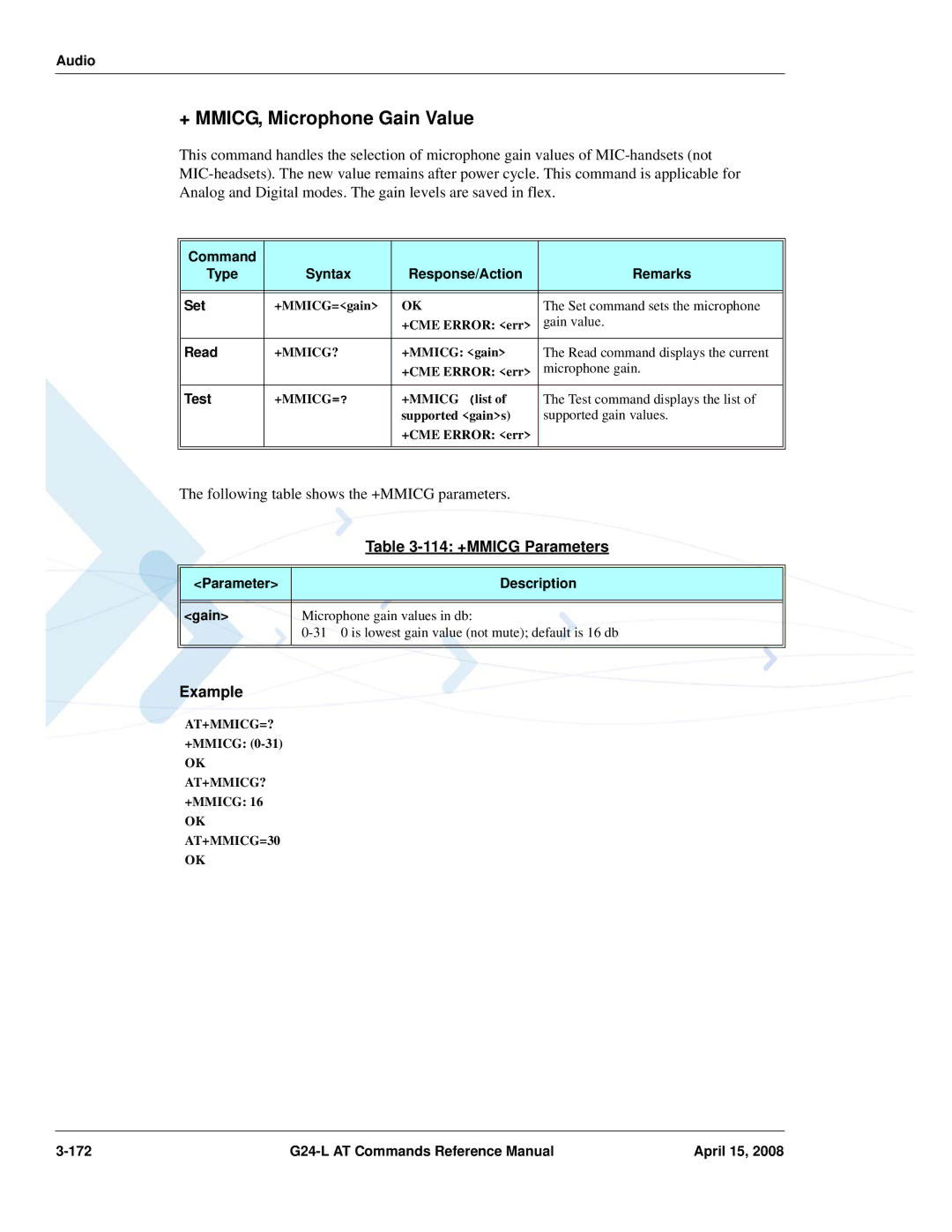 PIONEERPOS G24-LC manual + MMICG, Microphone Gain Value, 114 +MMICG Parameters, Parameter Description Gain 