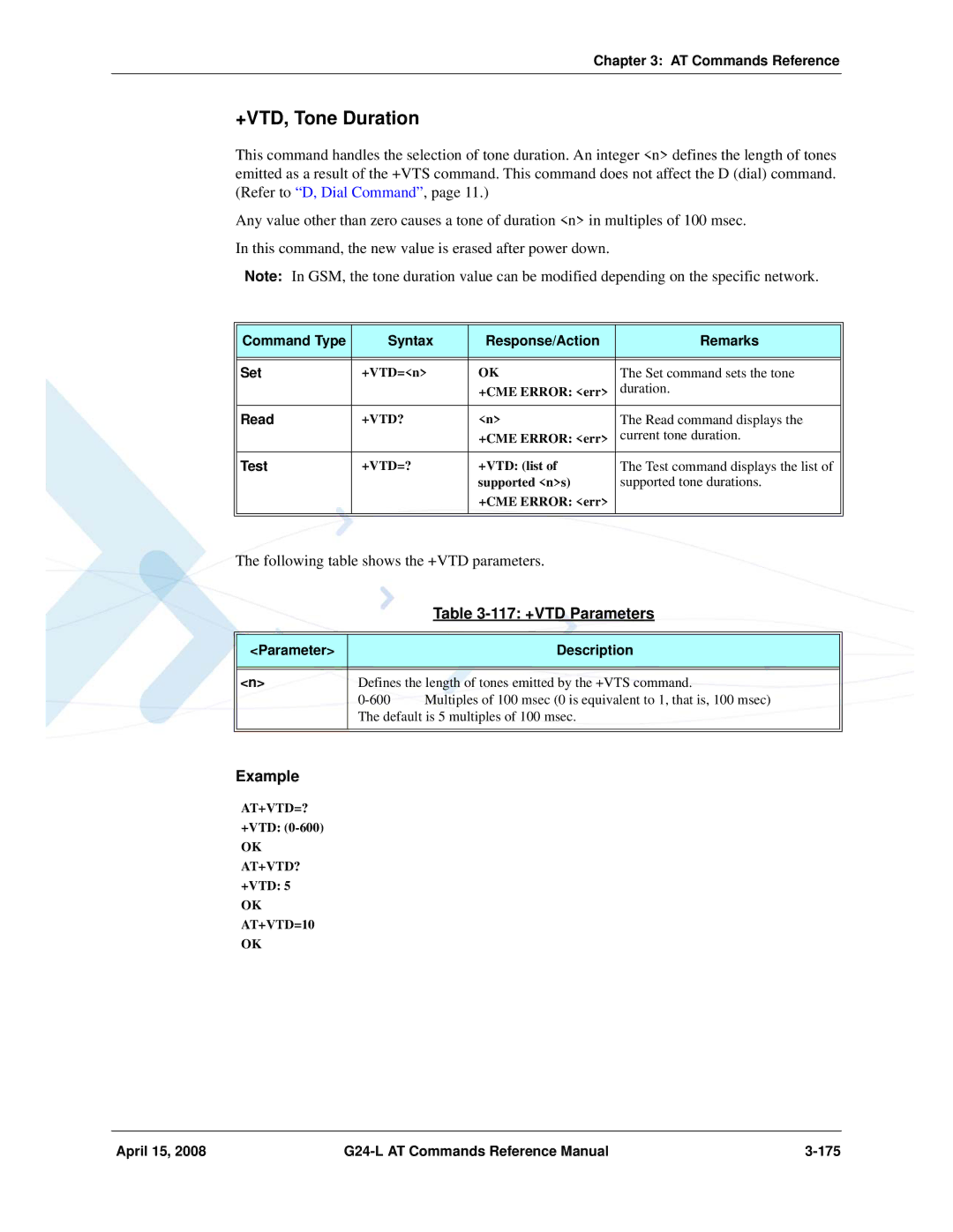 PIONEERPOS G24-LC +VTD, Tone Duration, 117 +VTD Parameters, April 15 G24-L AT Commands Reference Manual 175, +Vtd? 