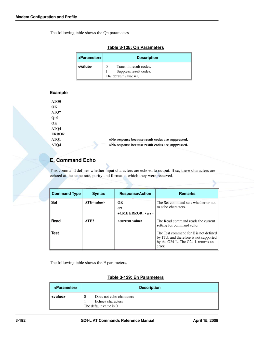 PIONEERPOS G24-LC manual Command Echo, Qn Parameters, En Parameters 