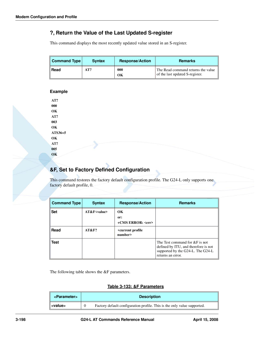 PIONEERPOS G24-LC ?, Return the Value of the Last Updated S-register, Set to Factory Defined Configuration, At?, At&F? 