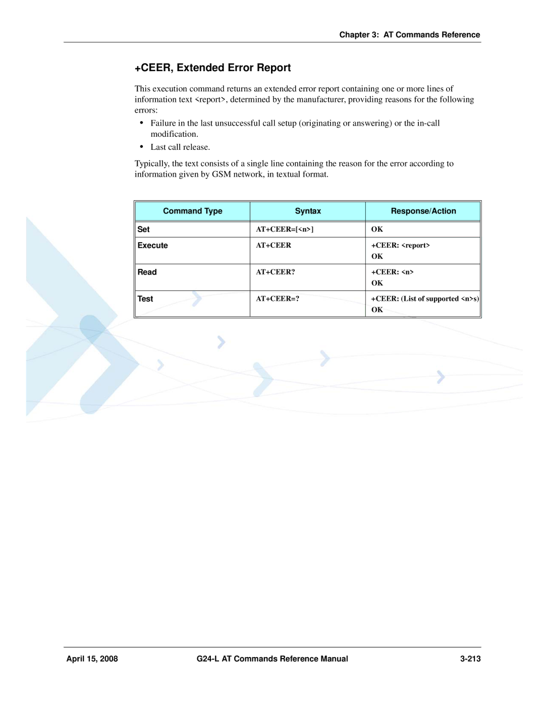 PIONEERPOS manual +CEER, Extended Error Report, April 15 G24-L AT Commands Reference Manual 213, At+Ceer?, At+Ceer=? 