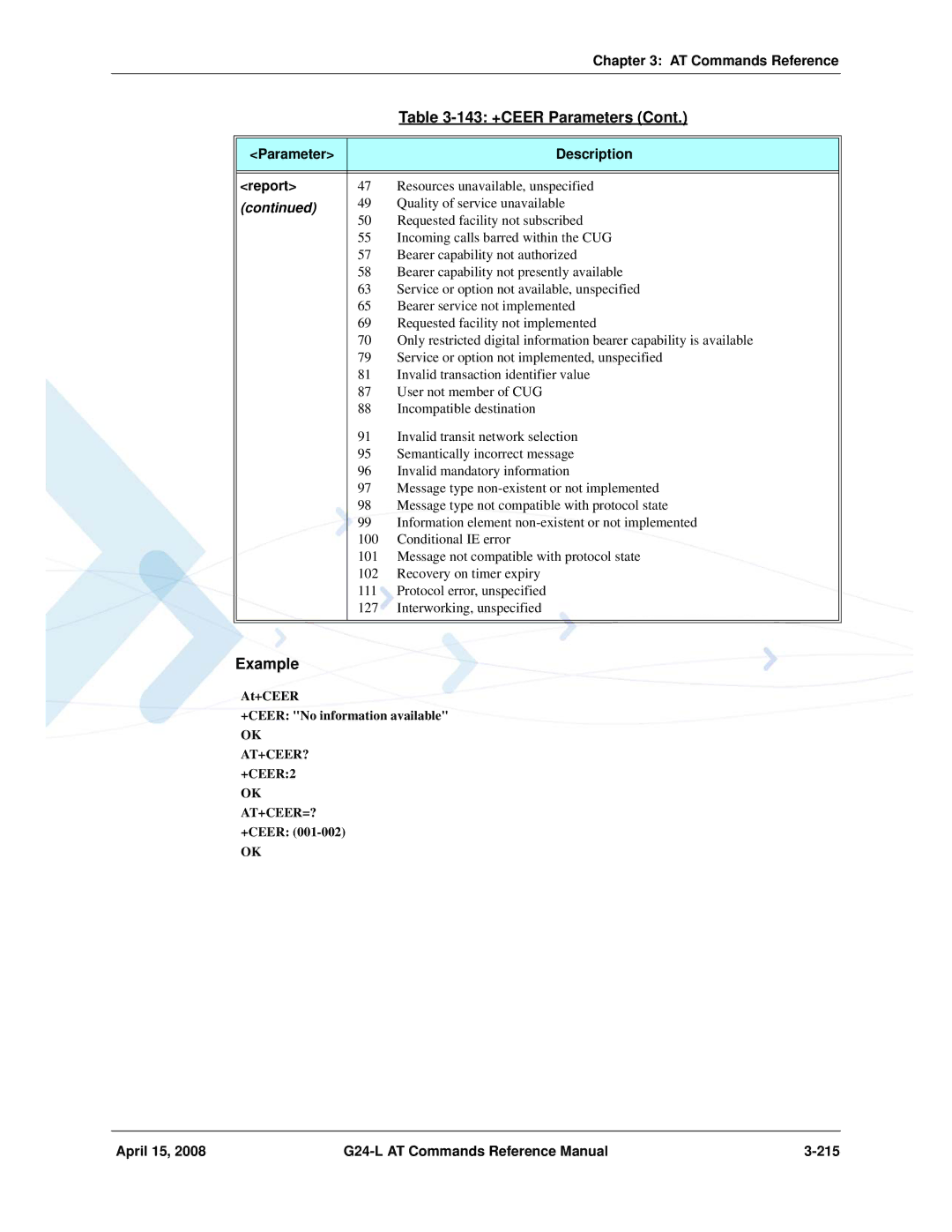 PIONEERPOS G24-LC Parameter Description Report, April 15 G24-L AT Commands Reference Manual 215, OK AT+CEER? +CEER2 