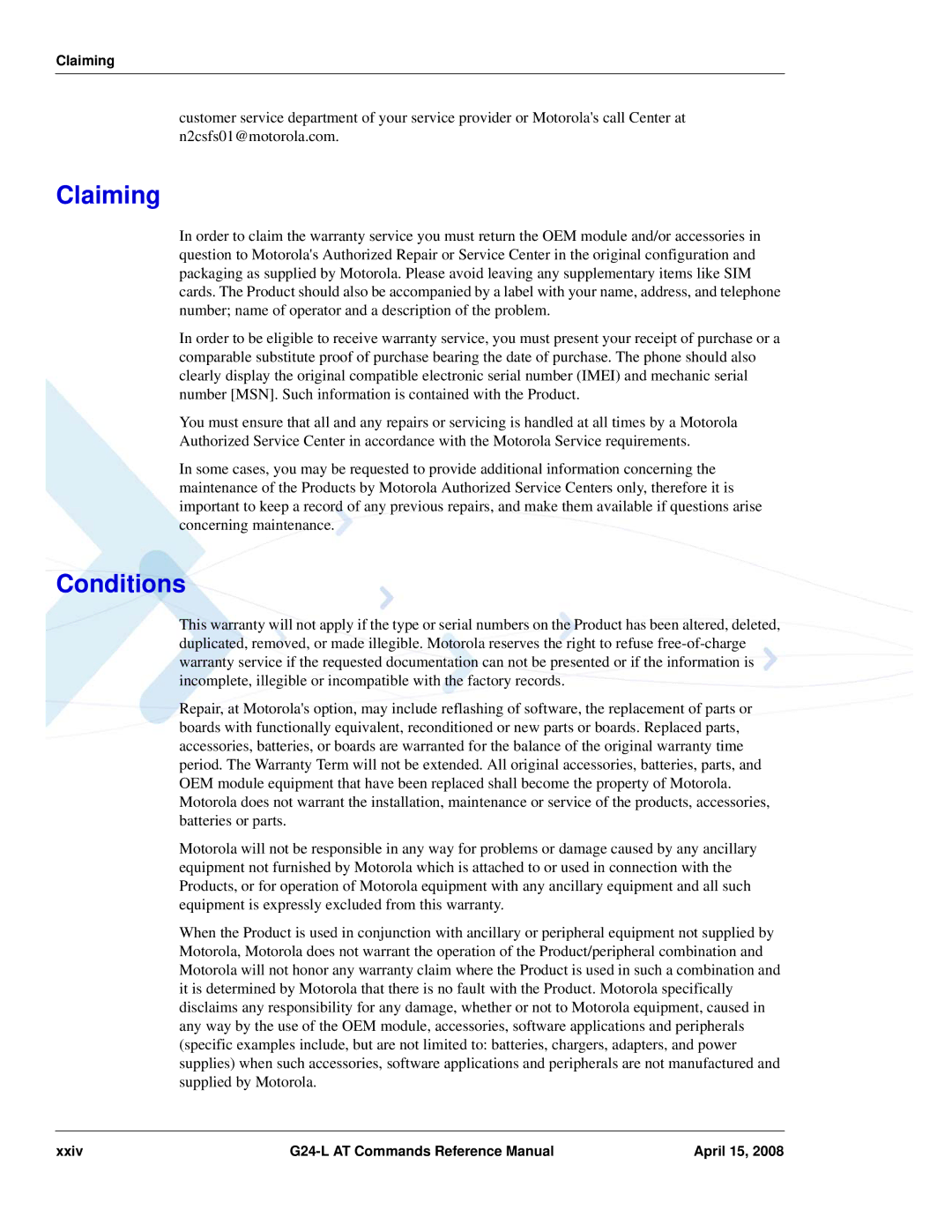 PIONEERPOS G24-LC manual Claiming, Conditions, Xxiv G24-L AT Commands Reference Manual April 15 