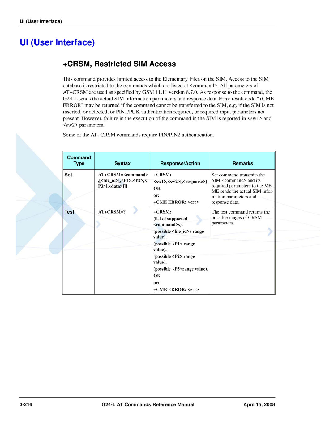 PIONEERPOS G24-LC manual UI User Interface, +CRSM, Restricted SIM Access, At+Crsm=? 