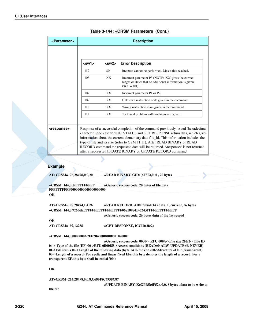 PIONEERPOS G24-LC manual Parameter Description Sw1 Sw2 Error Description, +CRSM 144,0, Ffffffffff 