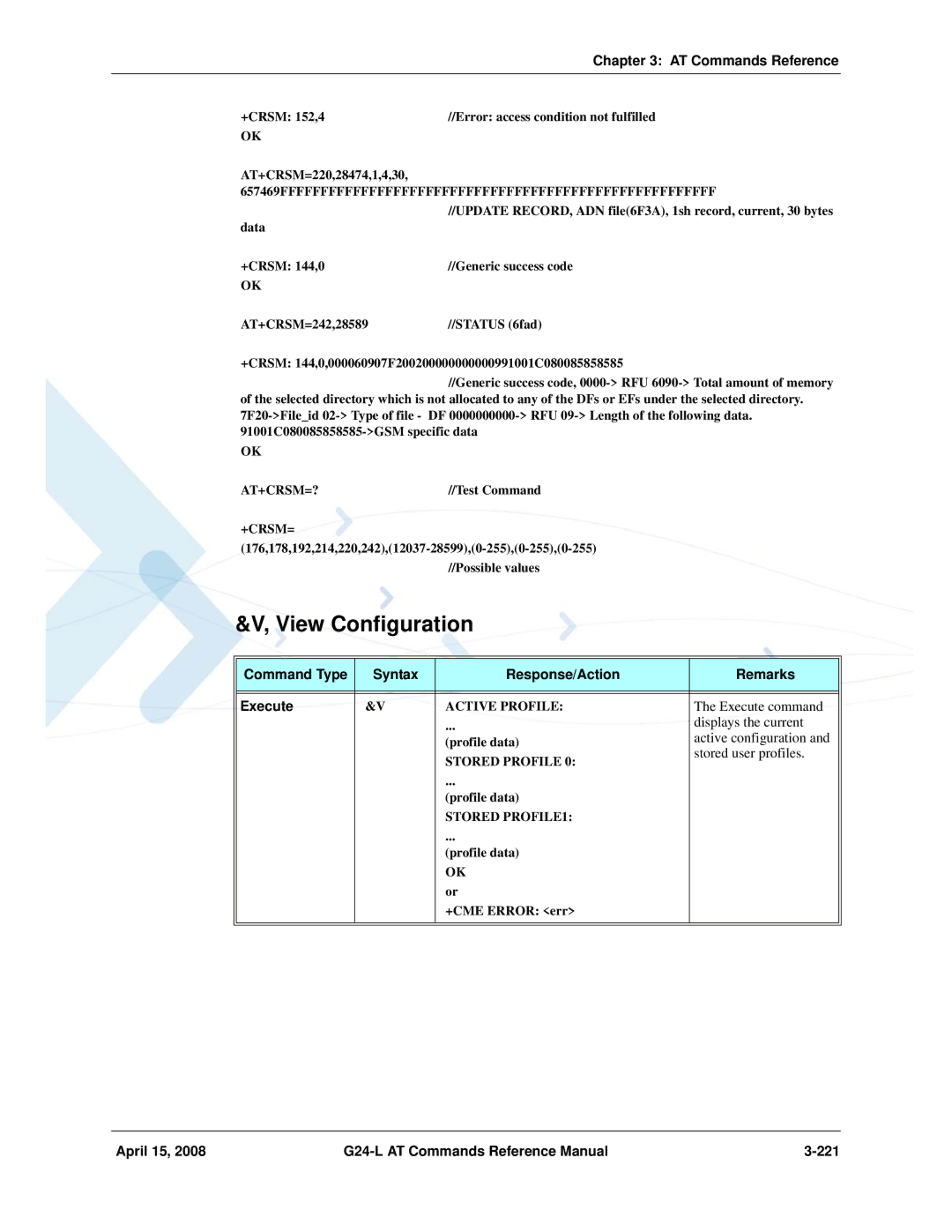 PIONEERPOS G24-LC View Configuration, April 15 G24-L AT Commands Reference Manual 221, Active Profile, Stored Profile 