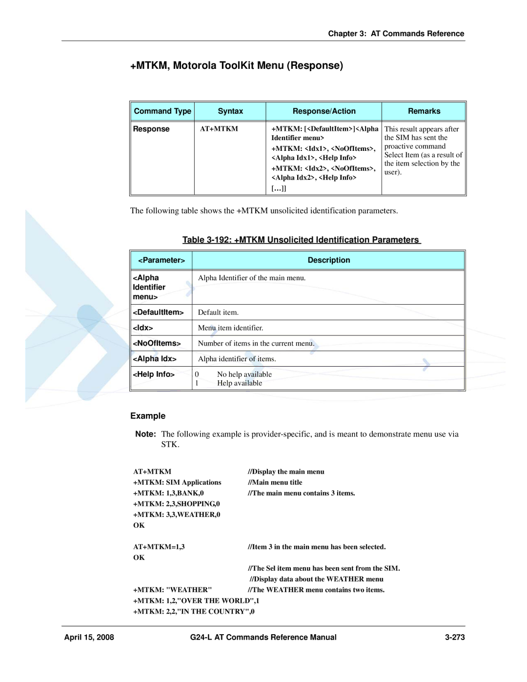 PIONEERPOS G24-LC manual +MTKM, Motorola ToolKit Menu Response, 192 +MTKM Unsolicited Identification Parameters 