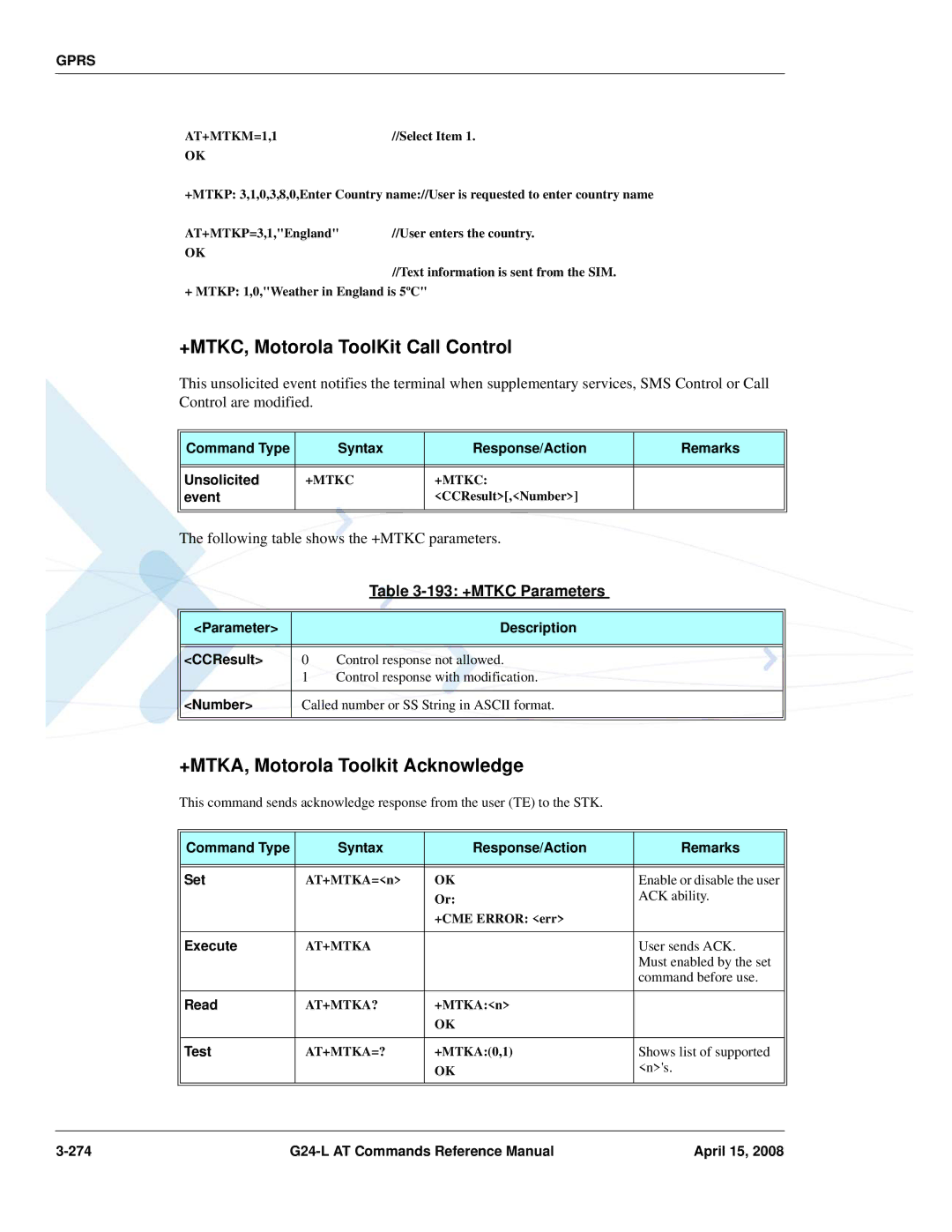 PIONEERPOS G24-LC manual +MTKC, Motorola ToolKit Call Control, +MTKA, Motorola Toolkit Acknowledge, 193 +MTKC Parameters 