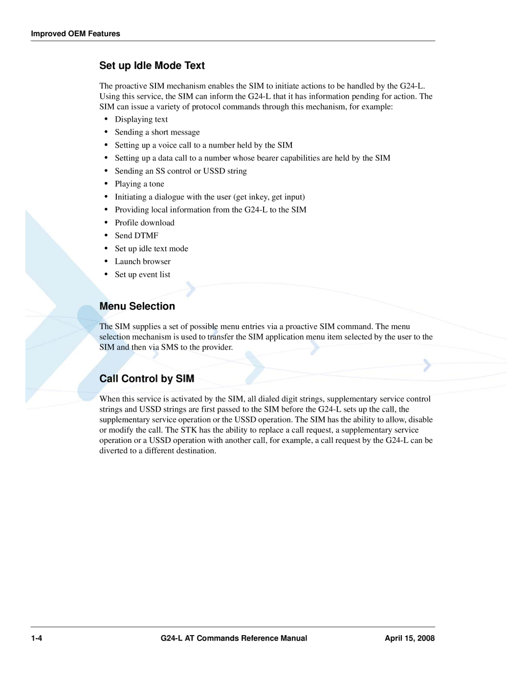 PIONEERPOS G24-LC manual Set up Idle Mode Text, Menu Selection, Call Control by SIM, Improved OEM Features 