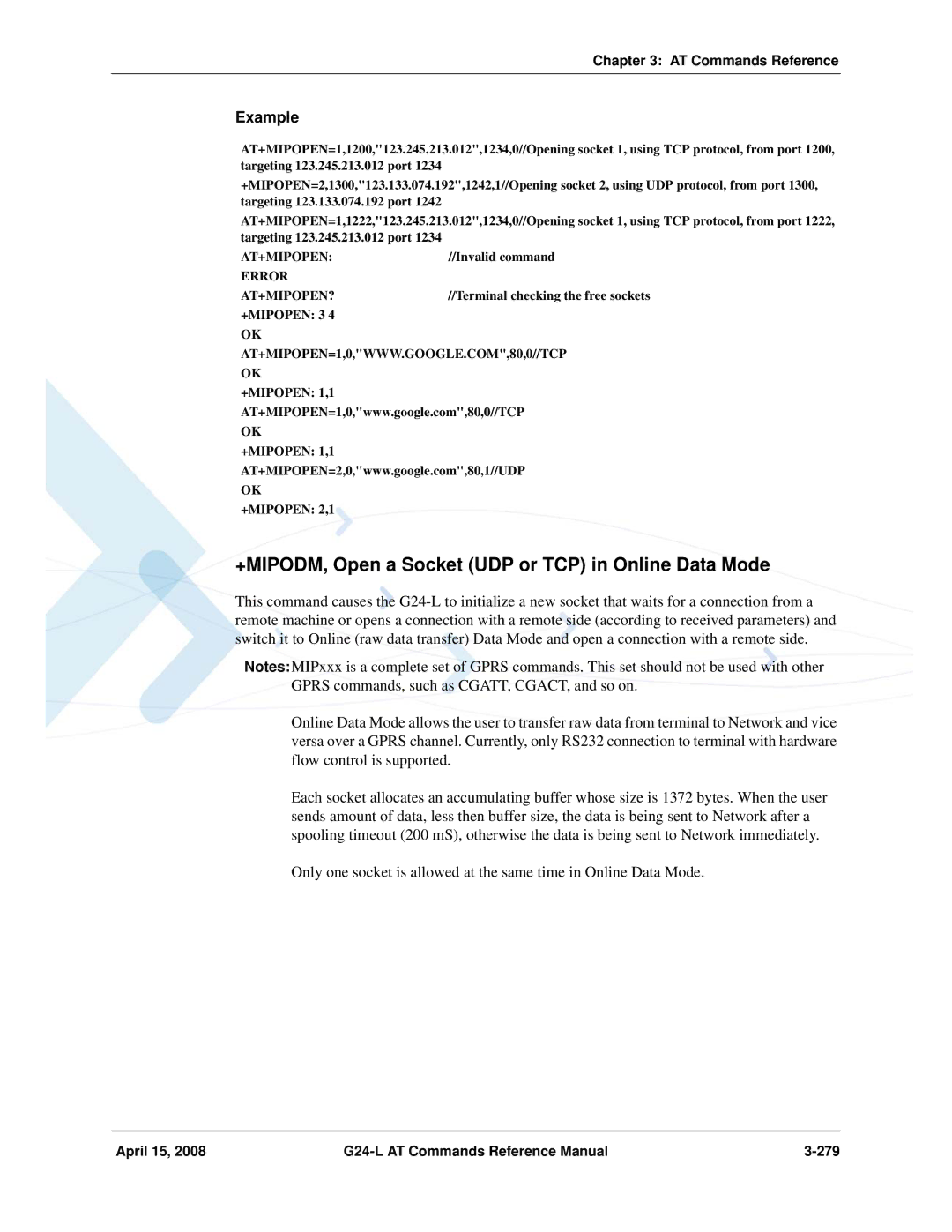 PIONEERPOS manual +MIPODM, Open a Socket UDP or TCP in Online Data Mode, April 15 G24-L AT Commands Reference Manual 279 