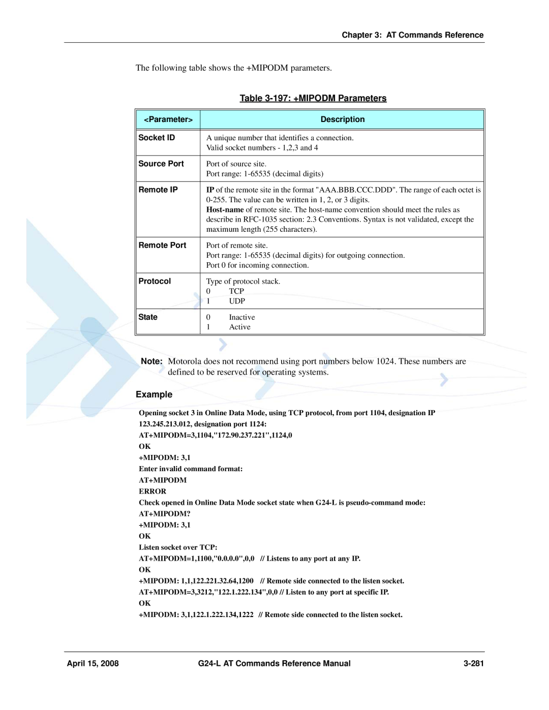 PIONEERPOS G24-LC manual 197 +MIPODM Parameters, Remote IP, Remote Port, April 15 G24-L AT Commands Reference Manual 281 