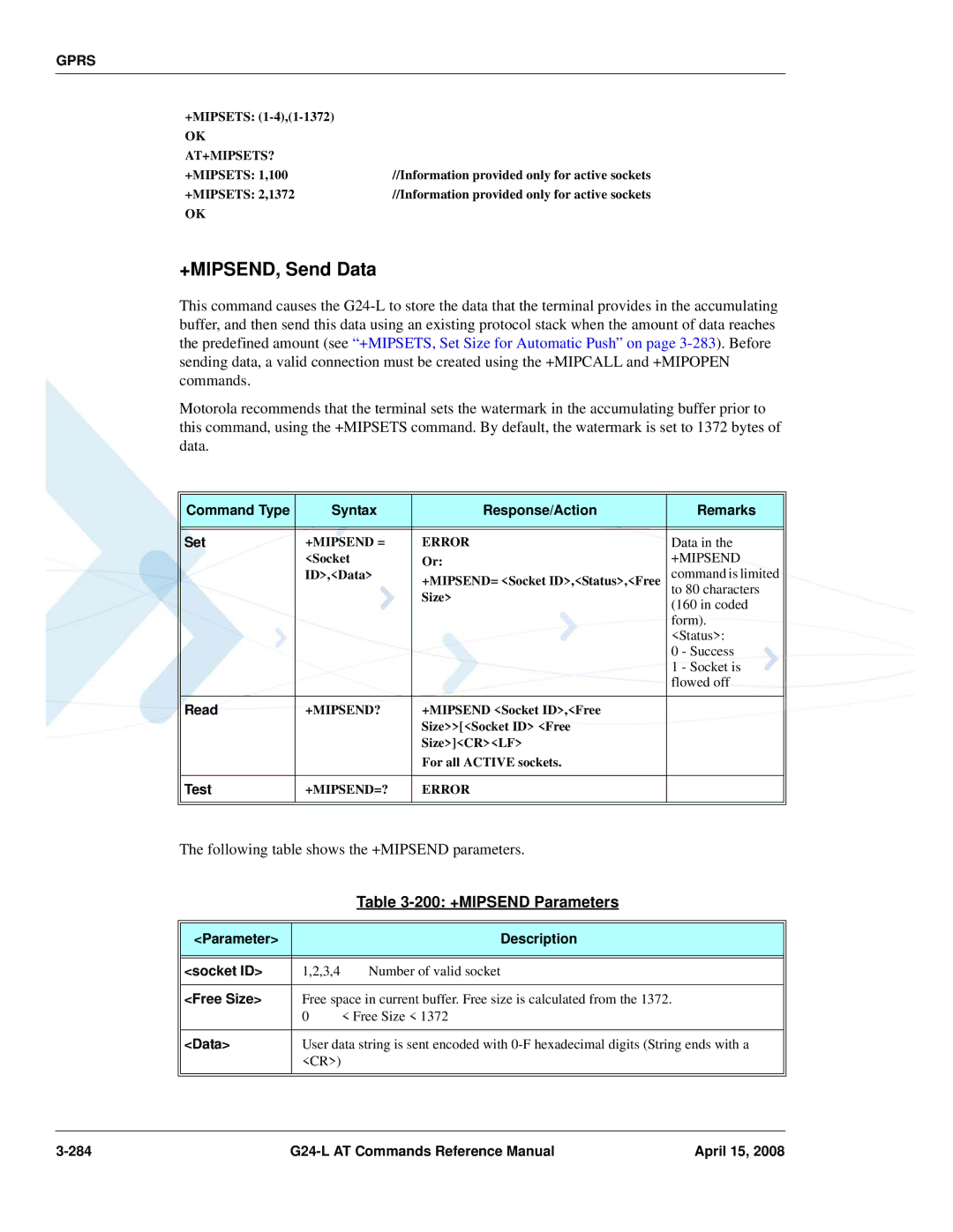 PIONEERPOS G24-LC manual +MIPSEND, Send Data, 200 +MIPSEND Parameters, Free Size 