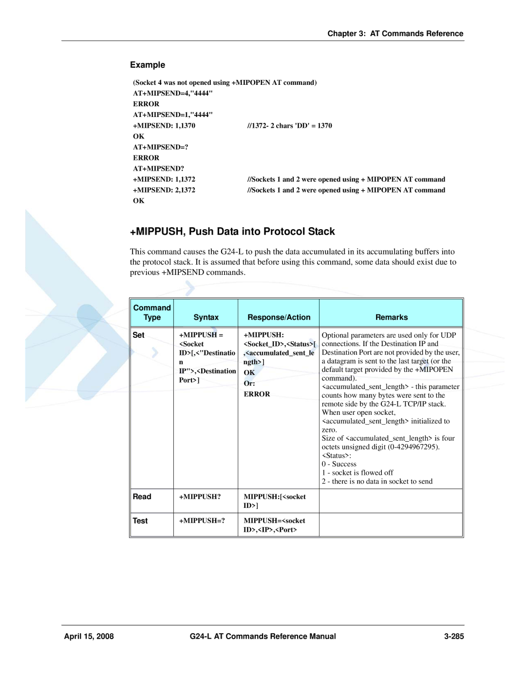 PIONEERPOS G24-LC manual +MIPPUSH, Push Data into Protocol Stack, April 15 G24-L AT Commands Reference Manual 285 