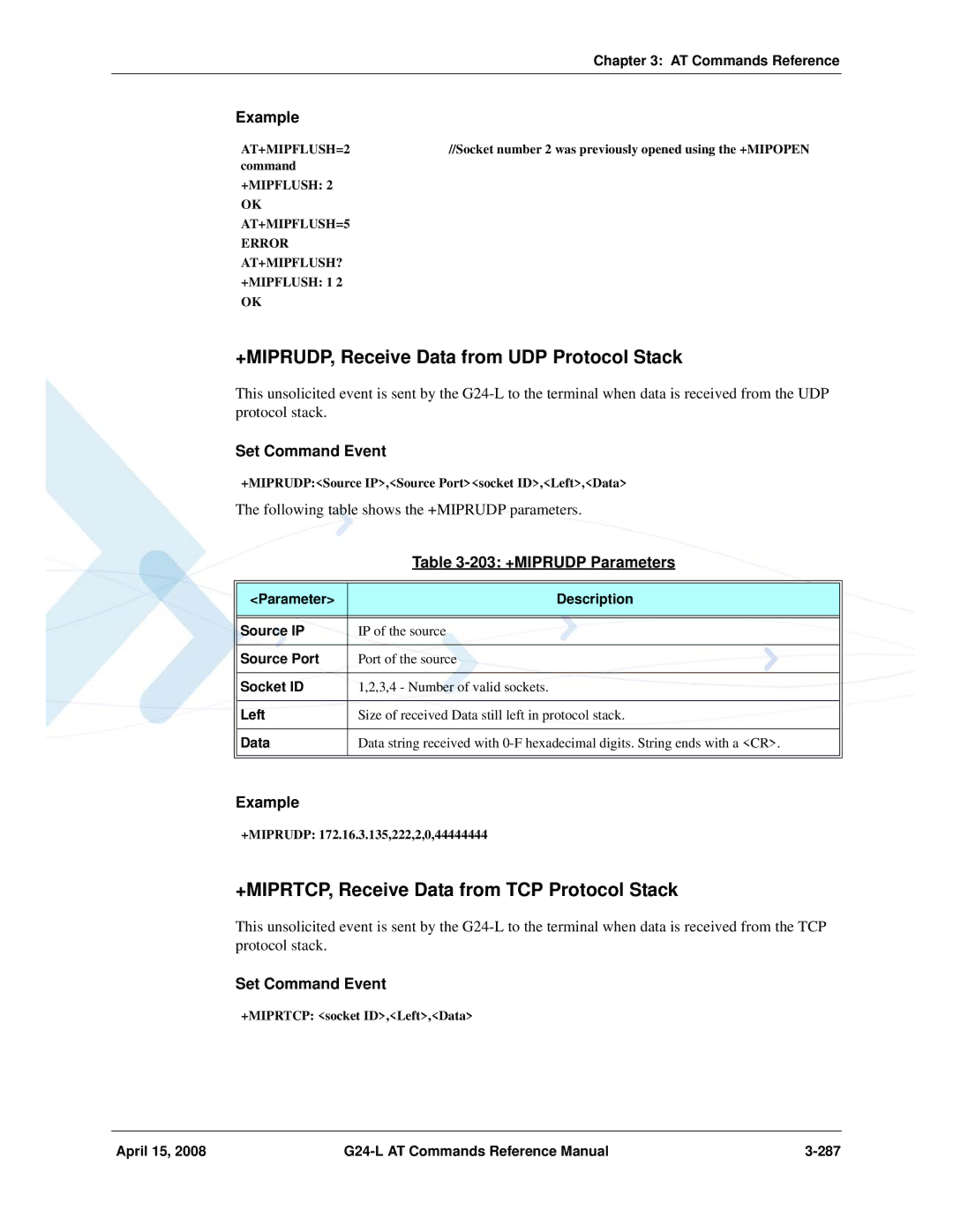 PIONEERPOS G24-LC manual +MIPRUDP, Receive Data from UDP Protocol Stack, +MIPRTCP, Receive Data from TCP Protocol Stack 