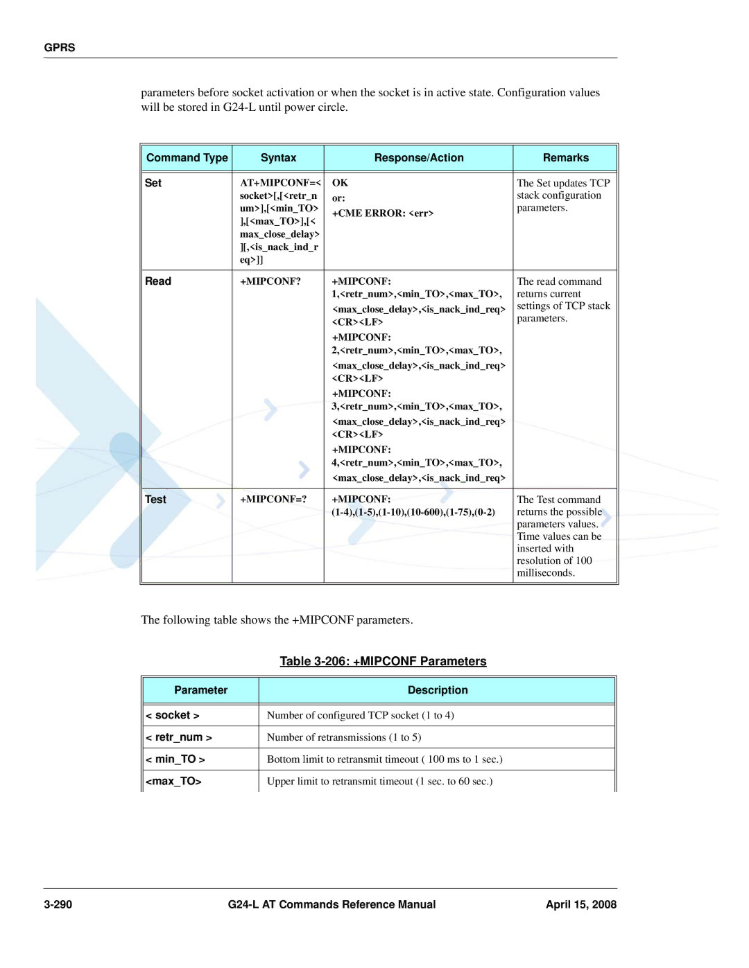 PIONEERPOS G24-LC manual 206 +MIPCONF Parameters, Parameter Description Socket, Retrnum, MinTO, MaxTO 