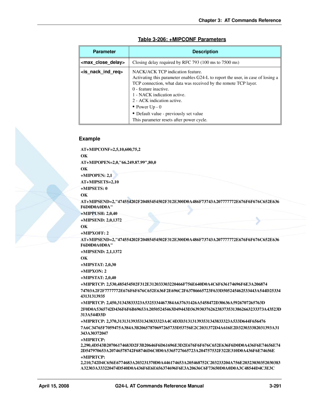 PIONEERPOS G24-LC Parameter Description Maxclosedelay, Isnackindreq, April 15 G24-L AT Commands Reference Manual 291 