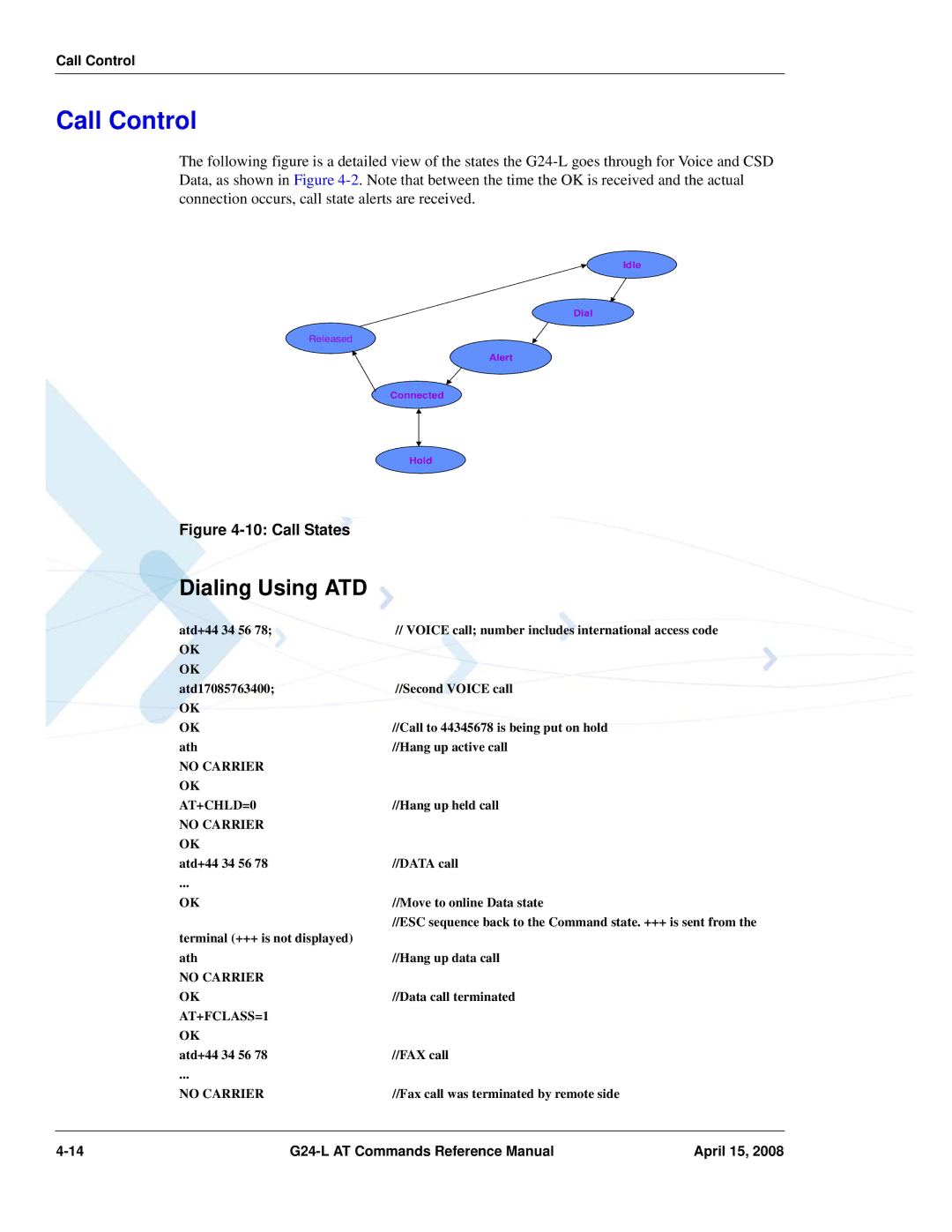 PIONEERPOS G24-LC manual Dialing Using ATD, No Carrier AT+CHLD=0, AT+FCLASS=1 