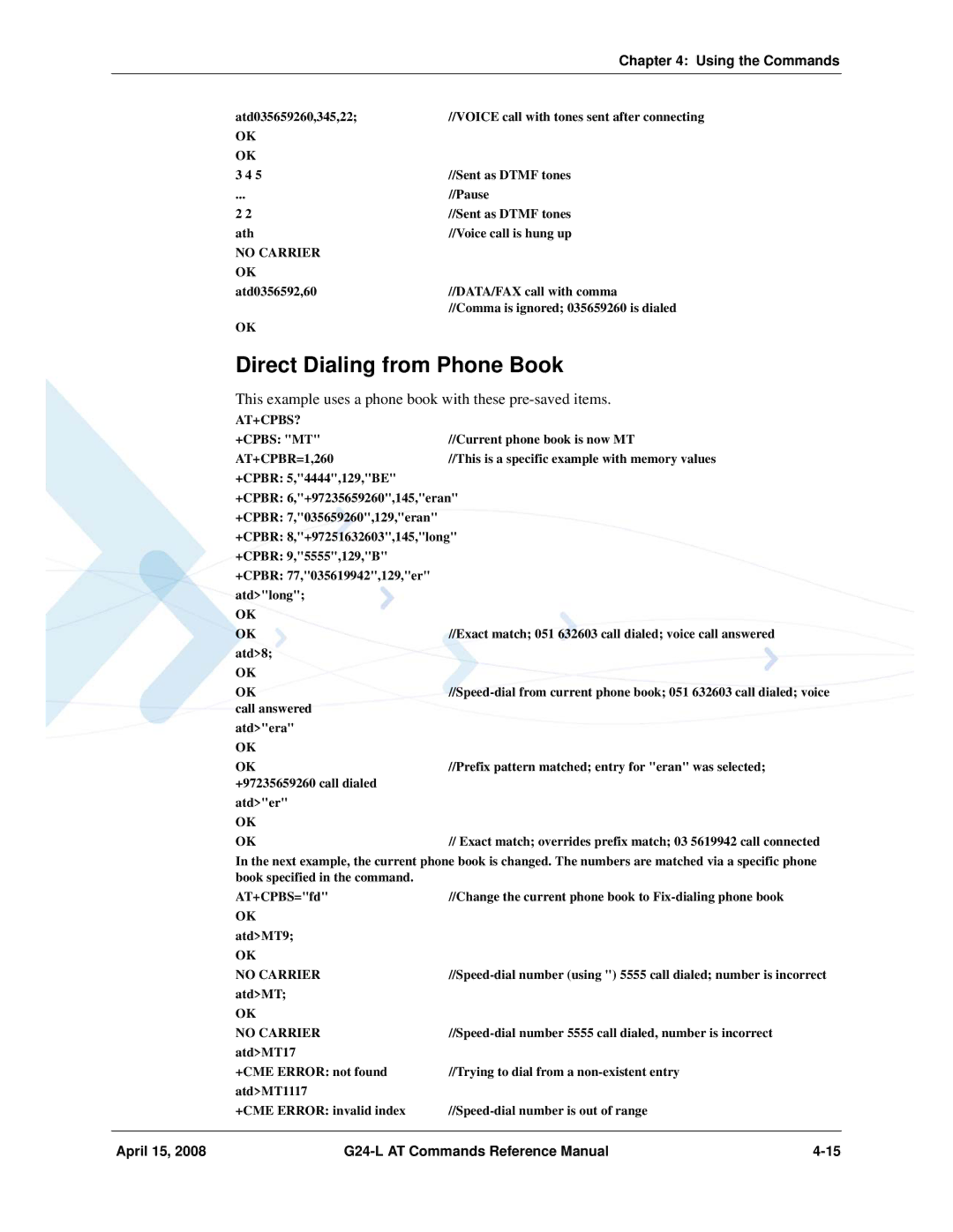 PIONEERPOS G24-LC manual Direct Dialing from Phone Book, At+Cpbs? +Cpbs Mt 