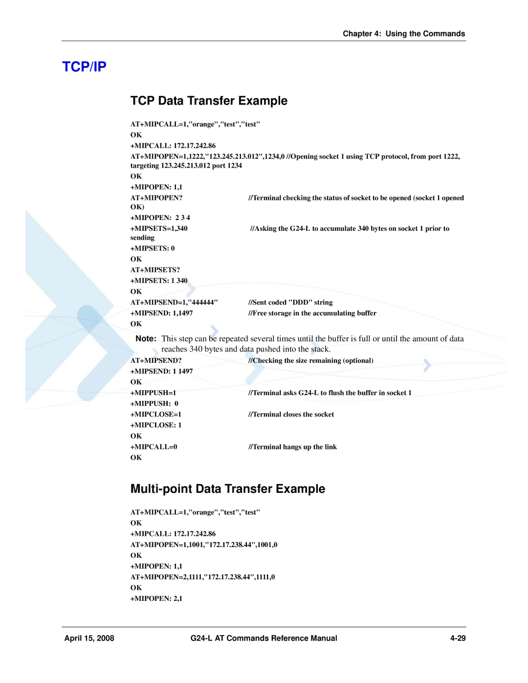 PIONEERPOS G24-LC manual TCP Data Transfer Example, Multi-point Data Transfer Example 