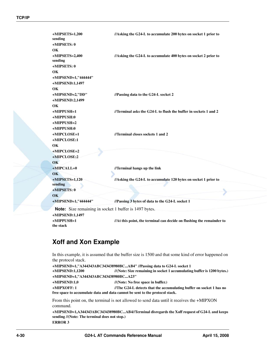 PIONEERPOS G24-LC manual Xoff and Xon Example, Tcp/Ip 