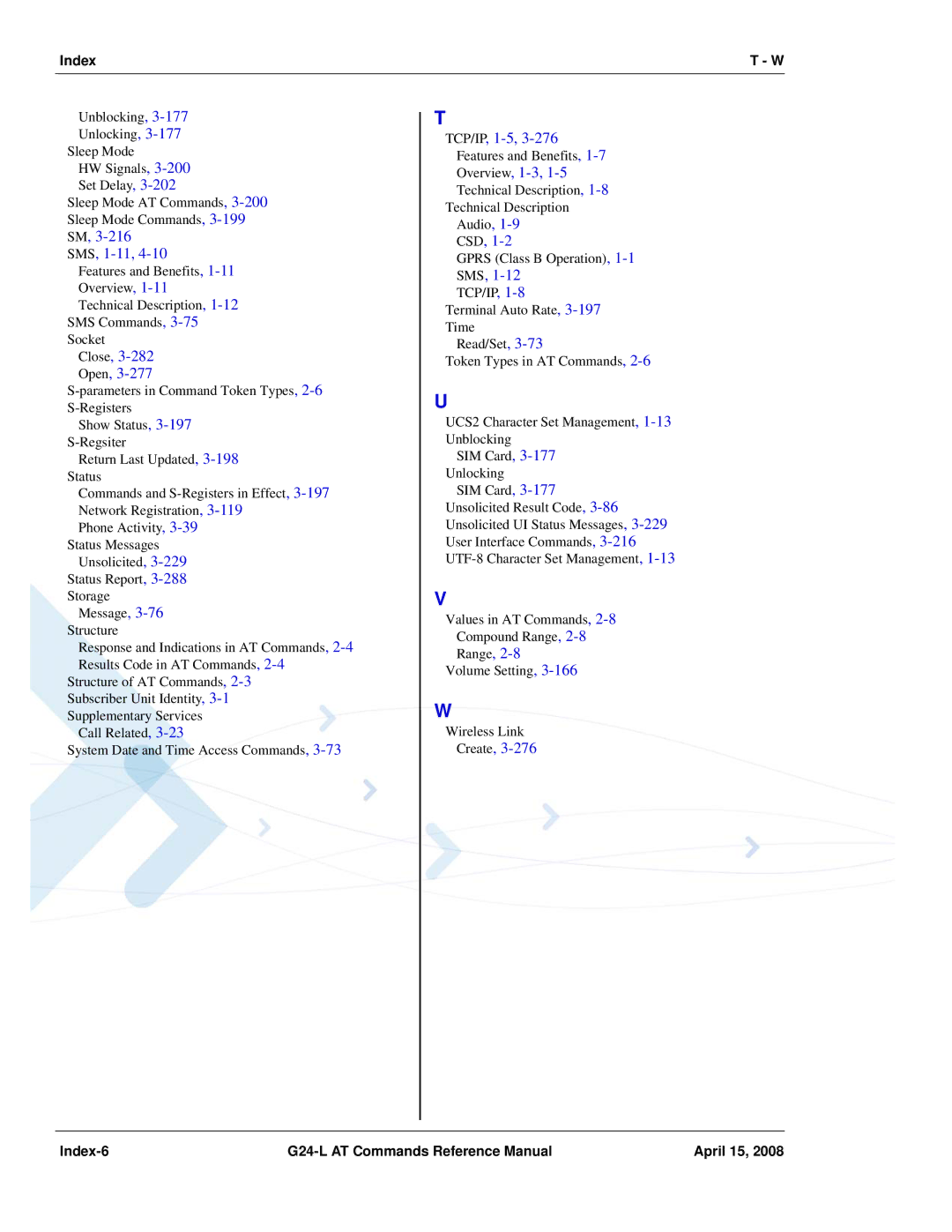 PIONEERPOS G24-LC manual Close Open, Index-6 G24-L AT Commands Reference Manual April 15 