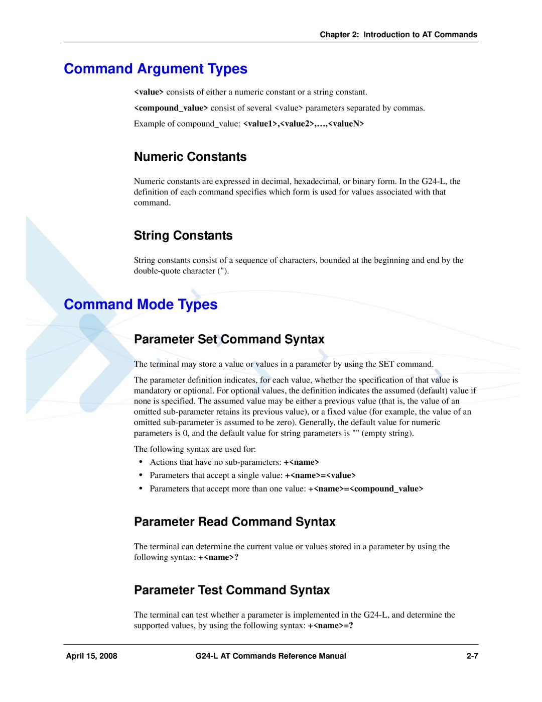 PIONEERPOS G24-LC manual Command Argument Types, Command Mode Types 