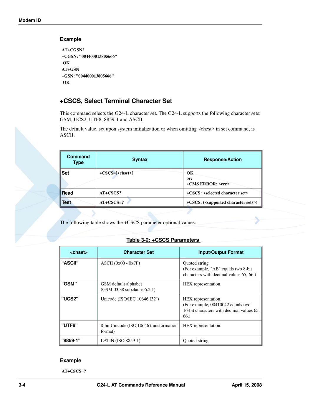 PIONEERPOS G24-LC manual +CSCS, Select Terminal Character Set, +CSCS Parameters, Ascii, Gsm 