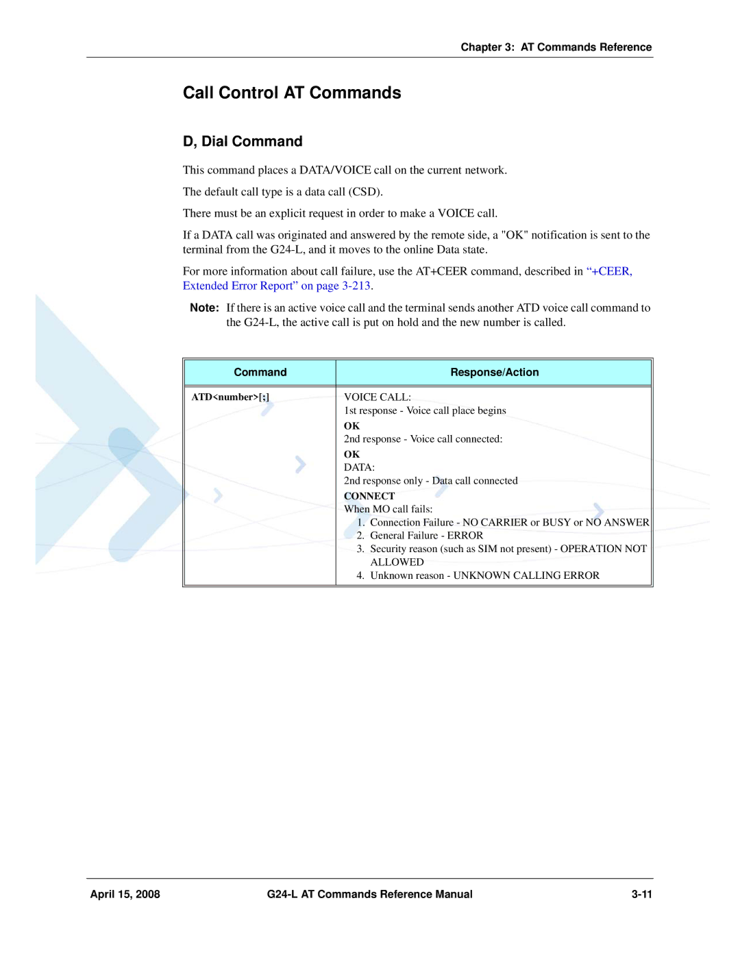 PIONEERPOS G24-LC manual Call Control AT Commands, Dial Command, Connect 