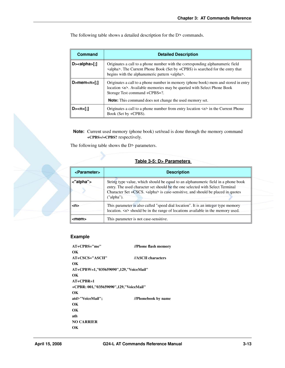 PIONEERPOS G24-LC manual Command Detailed Description Dalpha, Dmemn, Parameter Description Alpha, Mem 