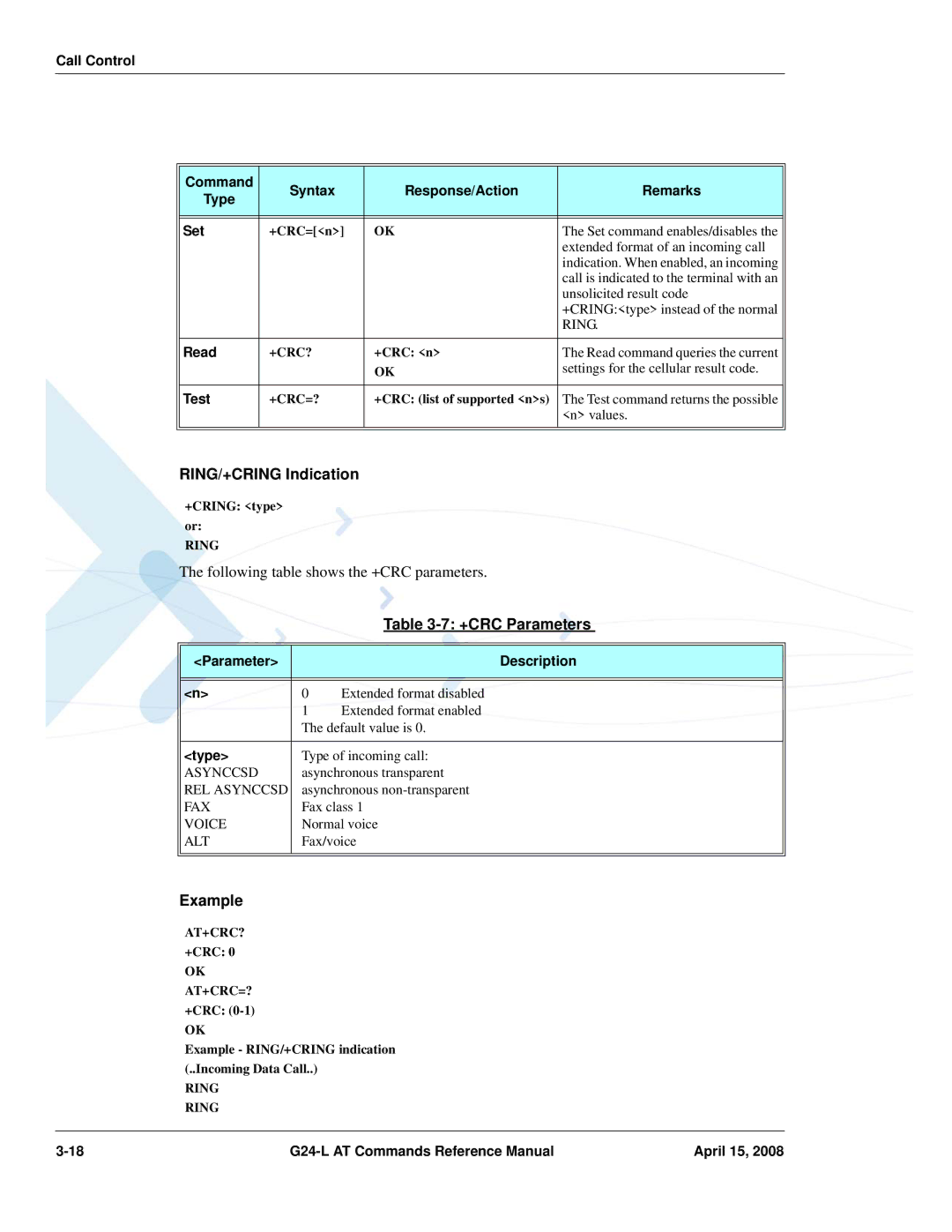 PIONEERPOS G24-LC manual RING/+CRING Indication, +CRC Parameters, At+Crc? +Crc 