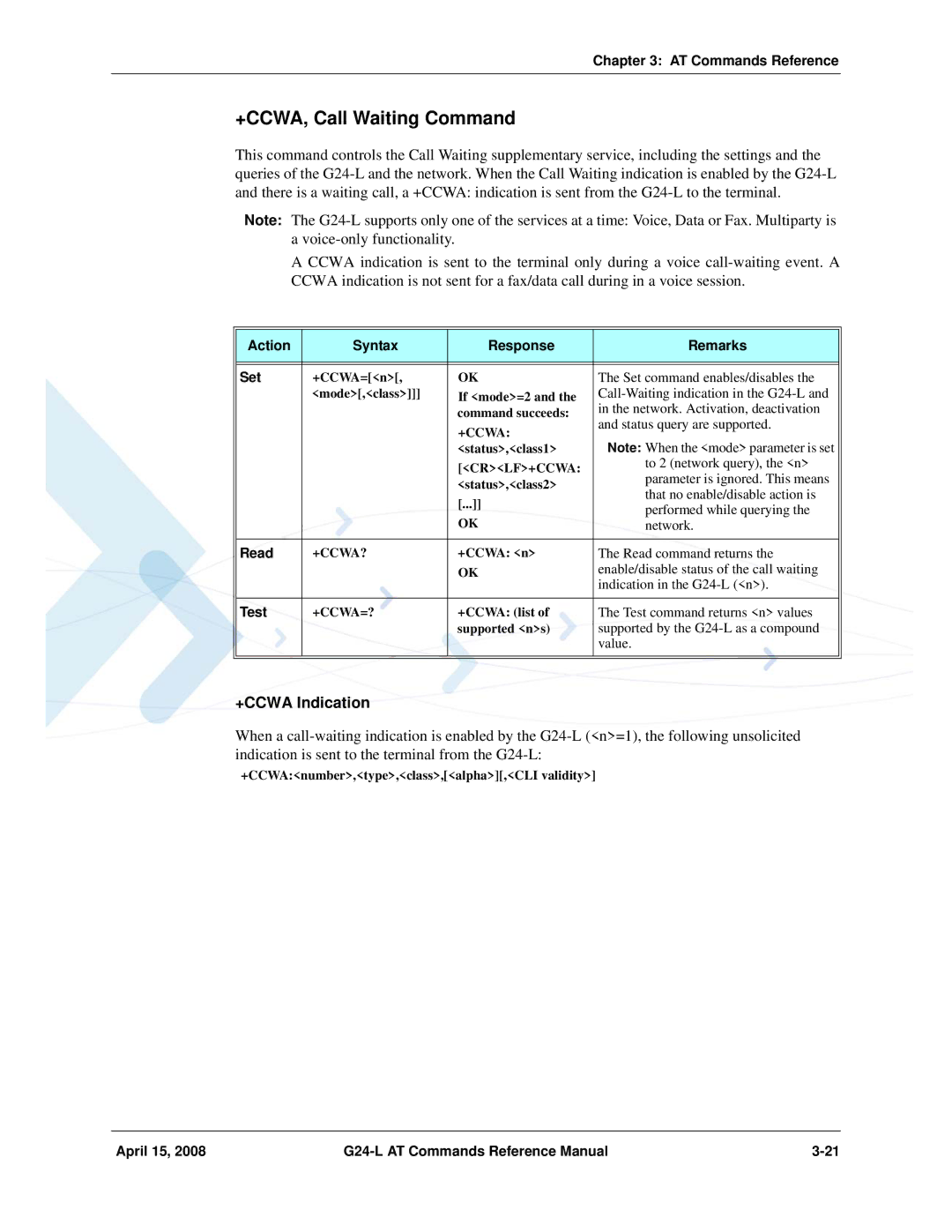 PIONEERPOS G24-LC manual +CCWA, Call Waiting Command, +CCWA Indication, Action Syntax Response Remarks Set 