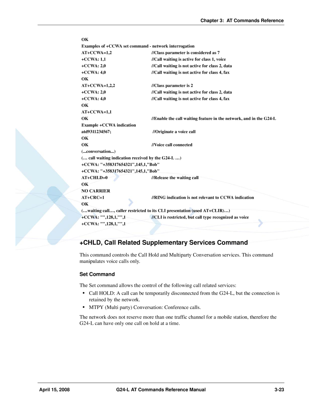 PIONEERPOS G24-LC manual +CHLD, Call Related Supplementary Services Command, Set Command 