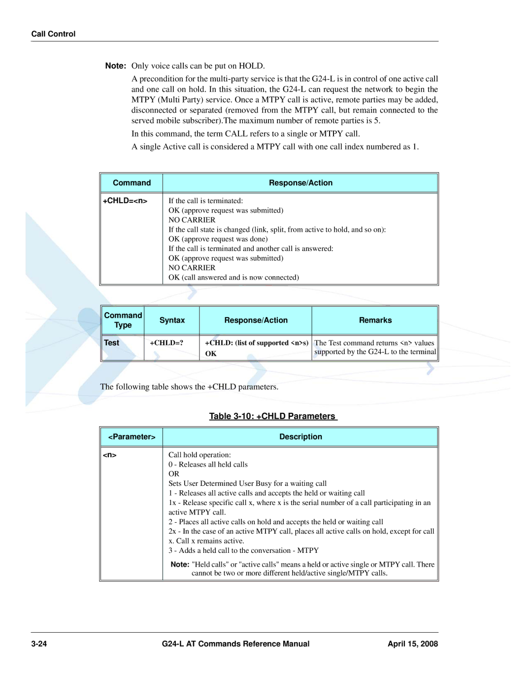 PIONEERPOS G24-LC 10 +CHLD Parameters, Command Response/Action +CHLD=n, Command Syntax Response/Action, Type Test, +Chld=? 