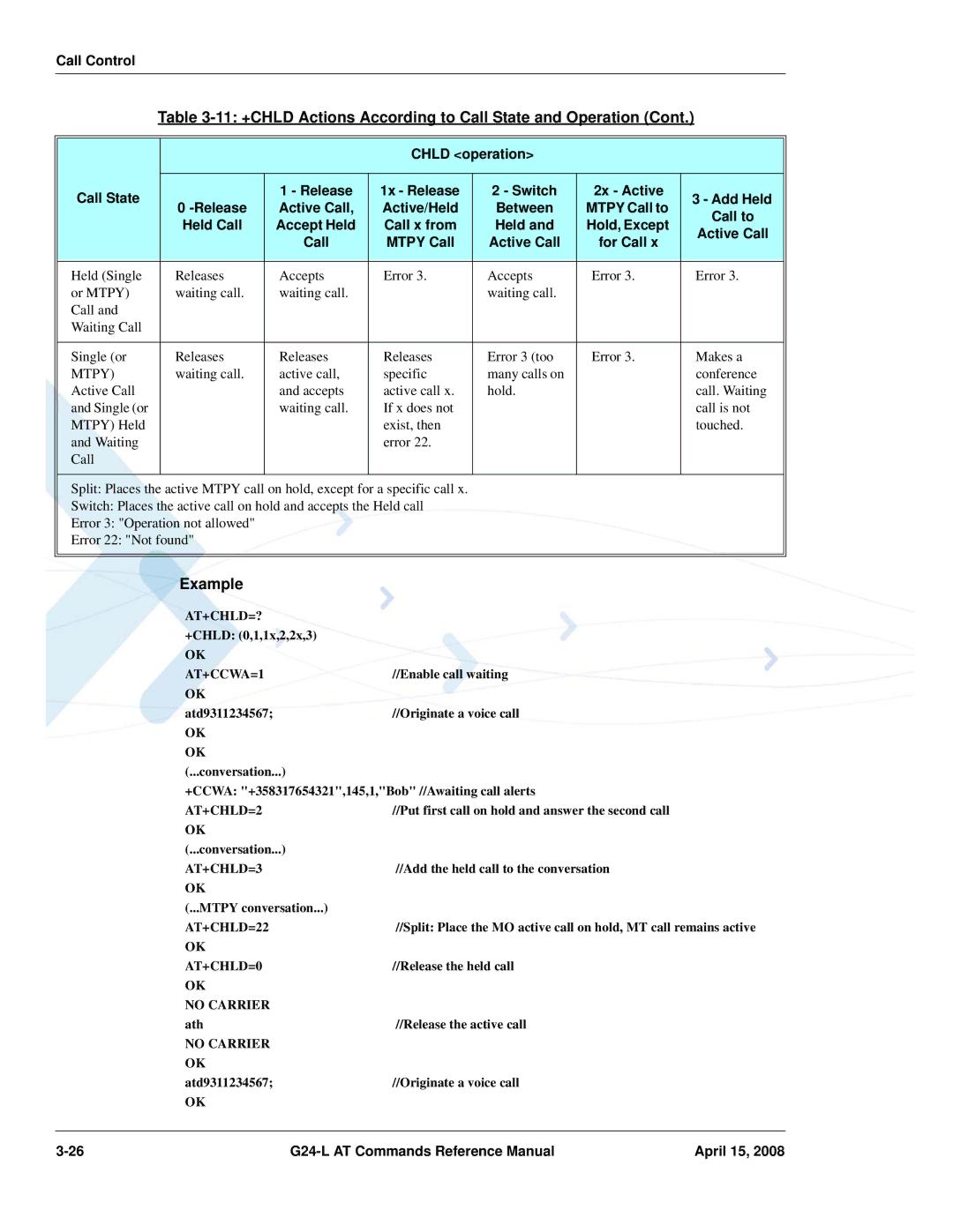 PIONEERPOS G24-LC manual At+Chld=?, AT+CHLD=3, AT+CHLD=22 