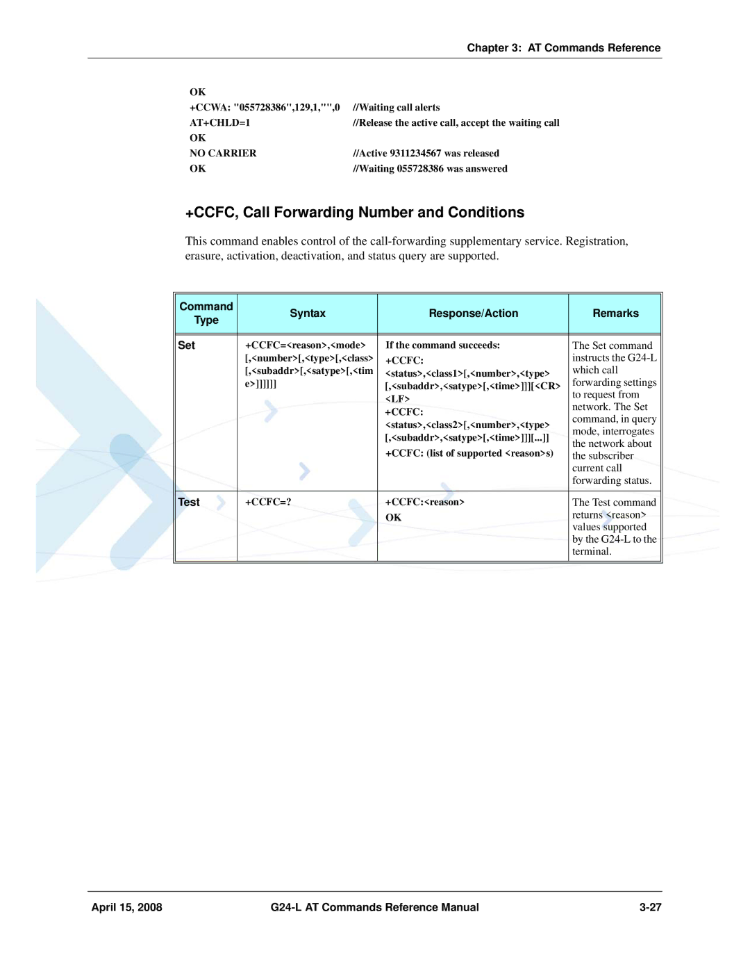 PIONEERPOS G24-LC manual +CCFC, Call Forwarding Number and Conditions, AT+CHLD=1, +Ccfc=? 