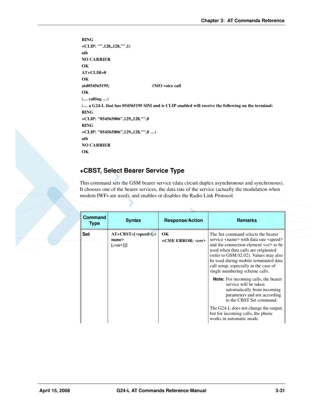 PIONEERPOS G24-LC manual +CBST, Select Bearer Service Type, No Carrier OK AT+CLIR=0 