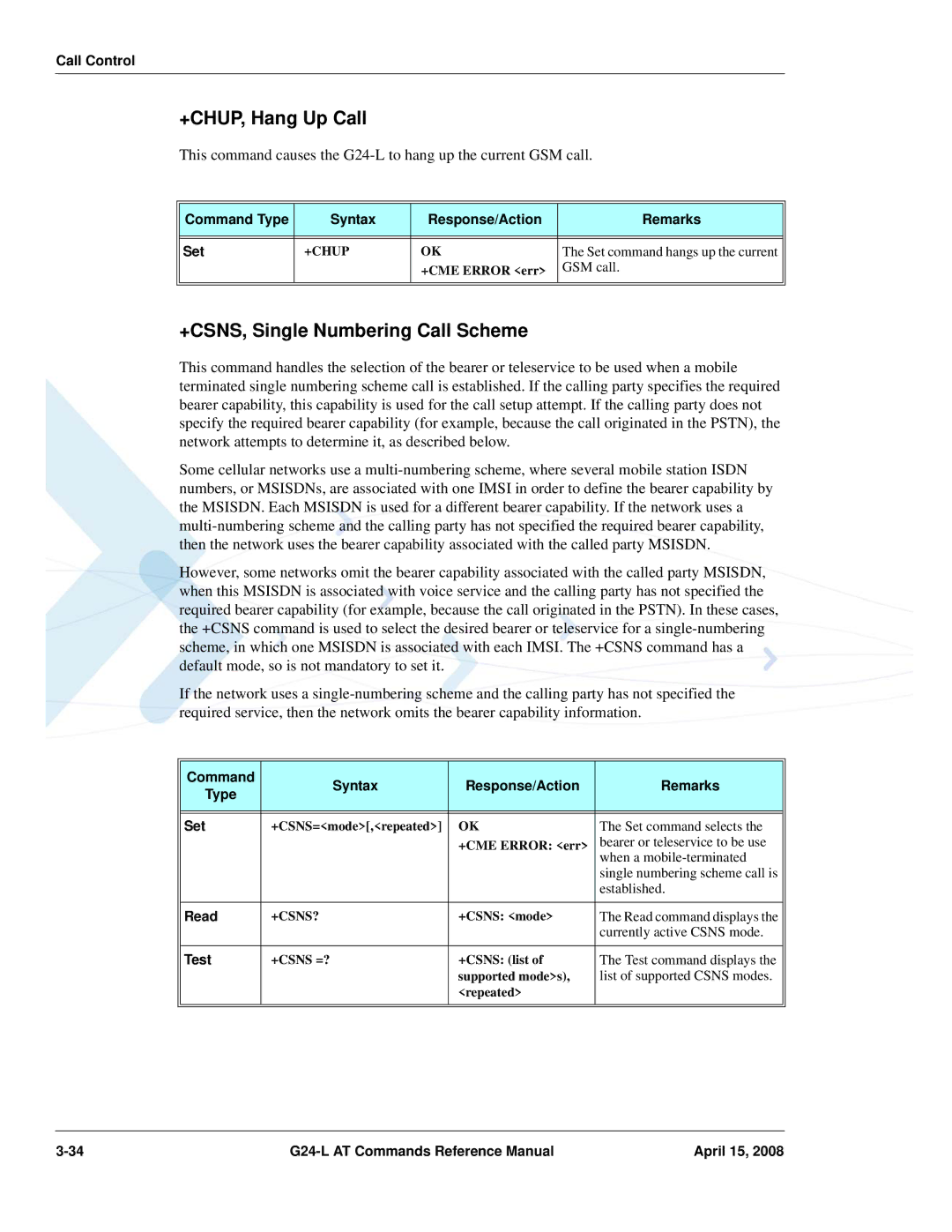 PIONEERPOS G24-LC manual +CHUP, Hang Up Call, +CSNS, Single Numbering Call Scheme, +Chup, +Csns? 